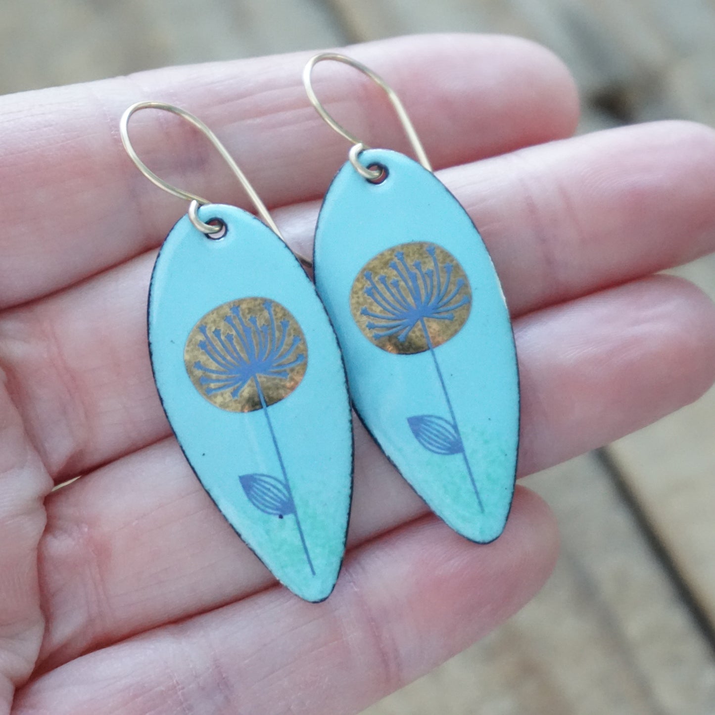 Gold and Blue Dandelions on Light Blue Enamel Teardrop Earrings