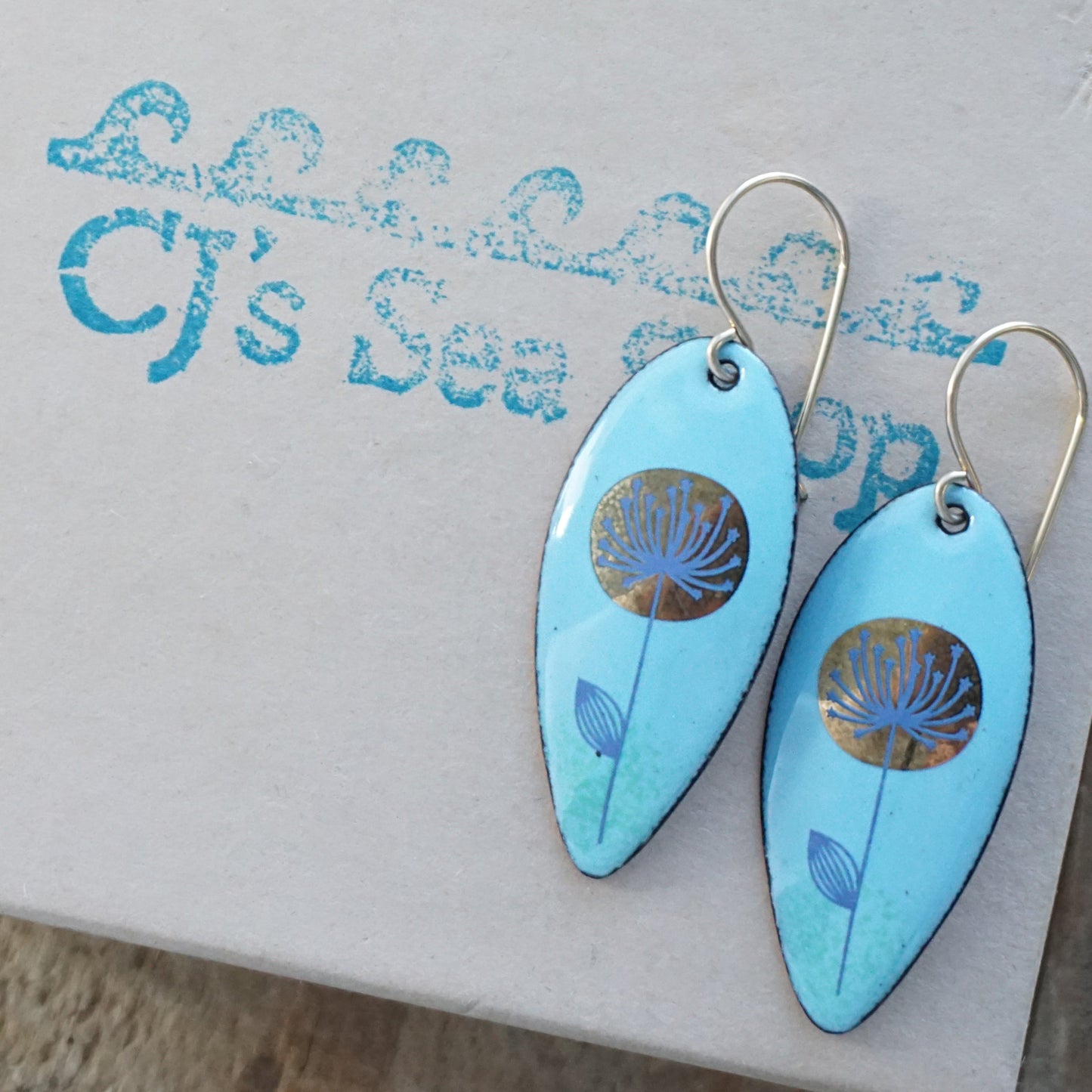 Gold and Blue Dandelions on Light Blue Enamel Teardrop Earrings