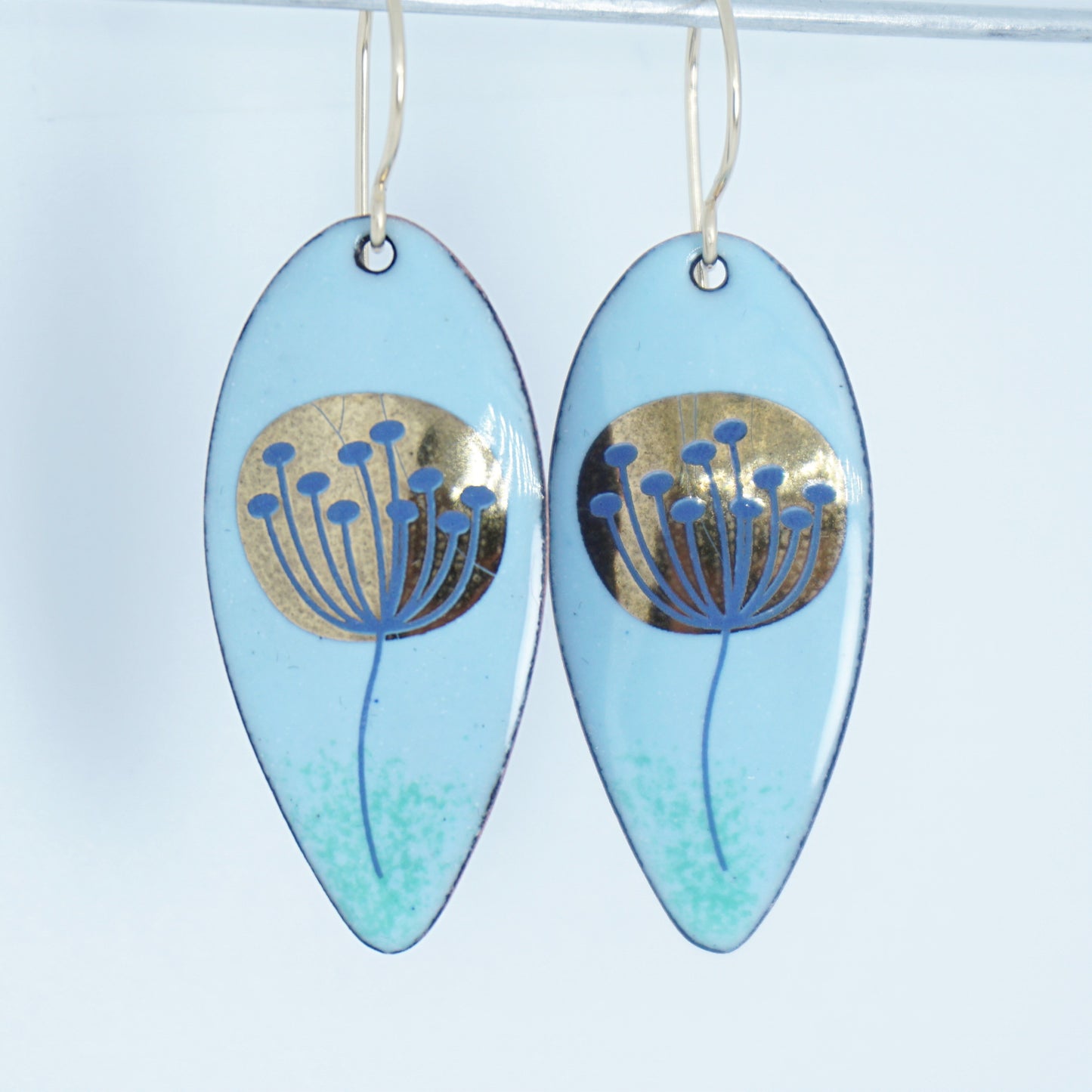 Gold and Blue Dandelions on Light Blue Enamel Teardrop Earrings