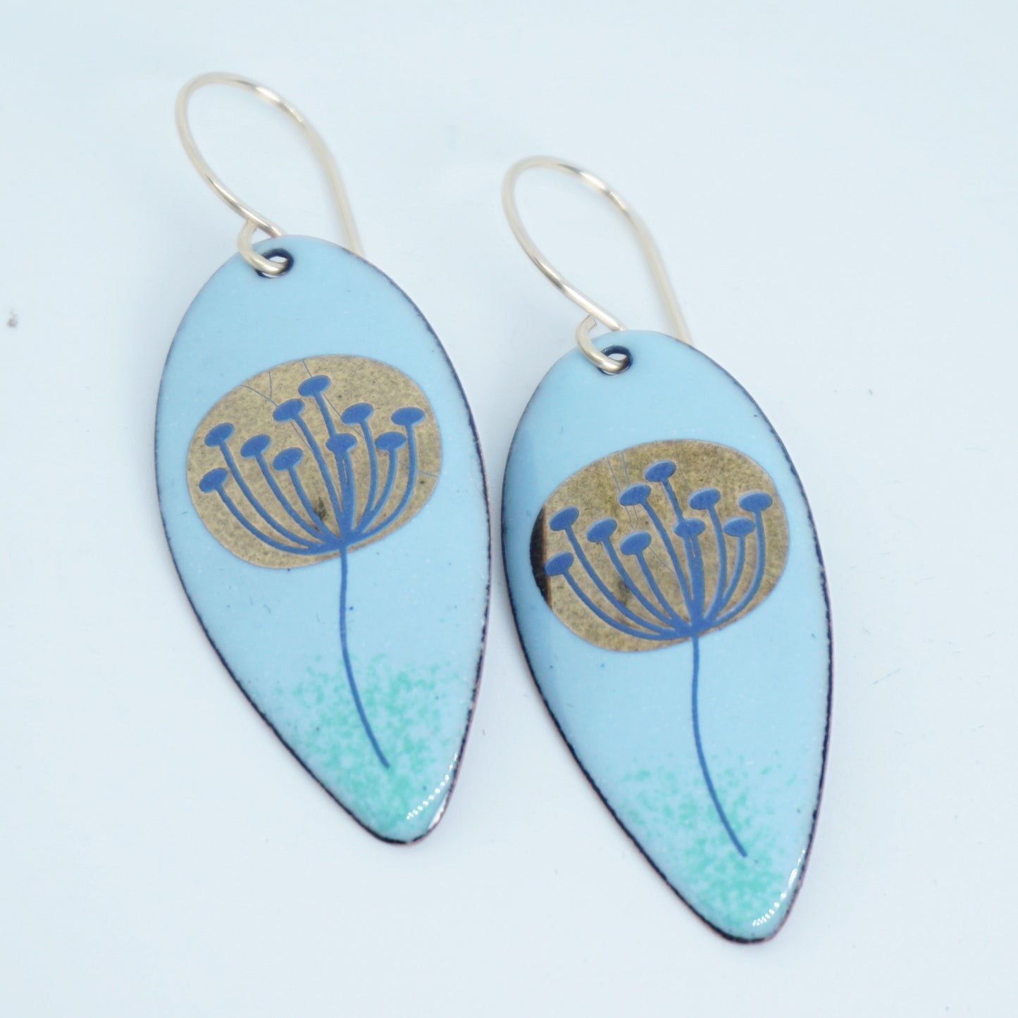 Gold and Blue Dandelions on Light Blue Enamel Teardrop Earrings