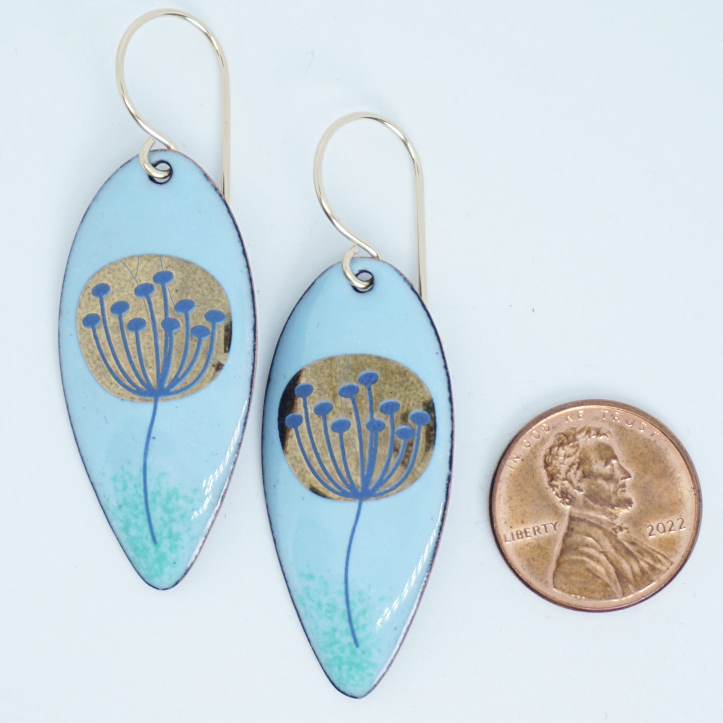 Gold and Blue Dandelions on Light Blue Enamel Teardrop Earrings