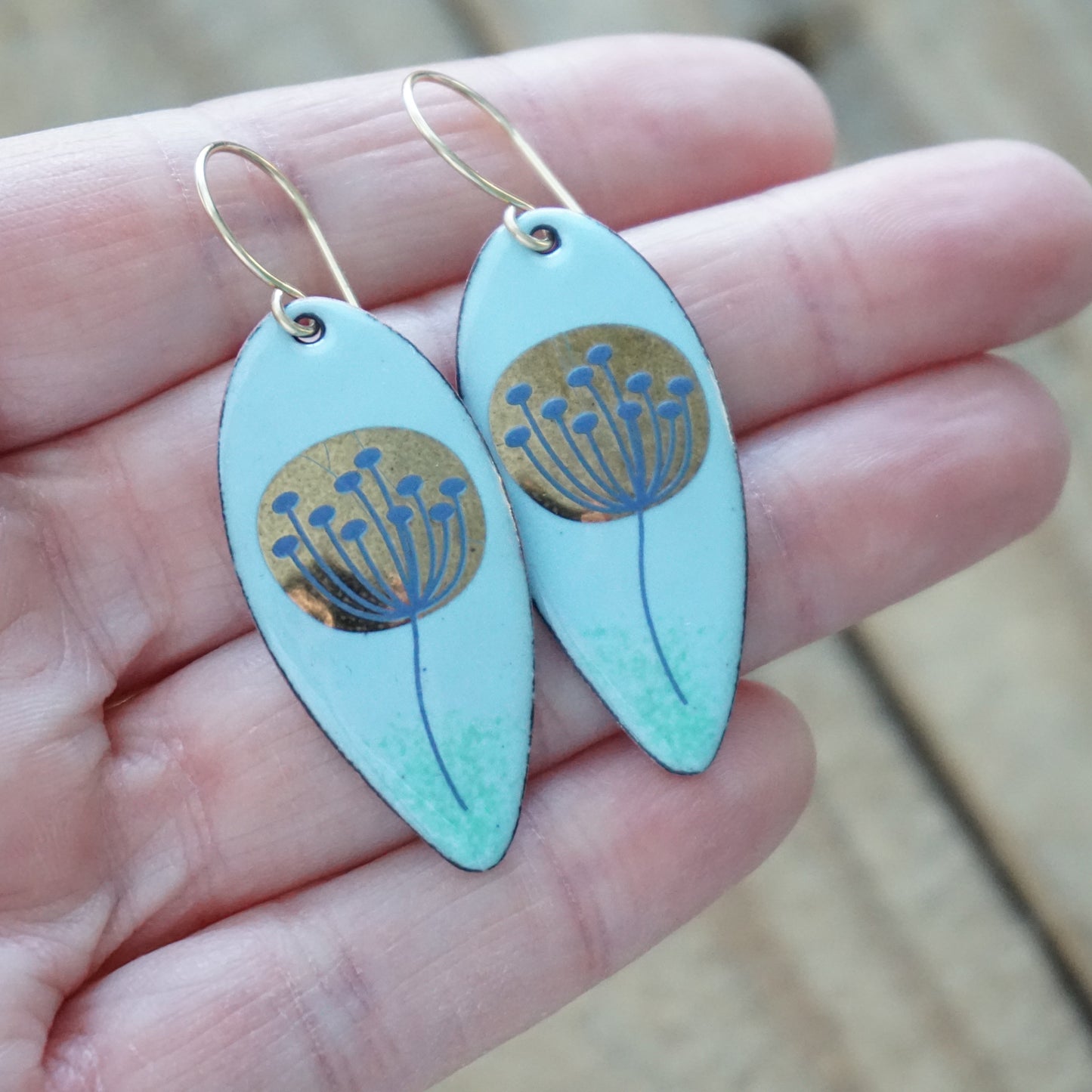 Gold and Blue Dandelions on Light Blue Enamel Teardrop Earrings
