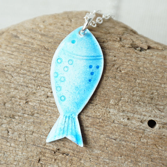 Aqua Blue and Cobalt Blue Enamel Fish Necklace