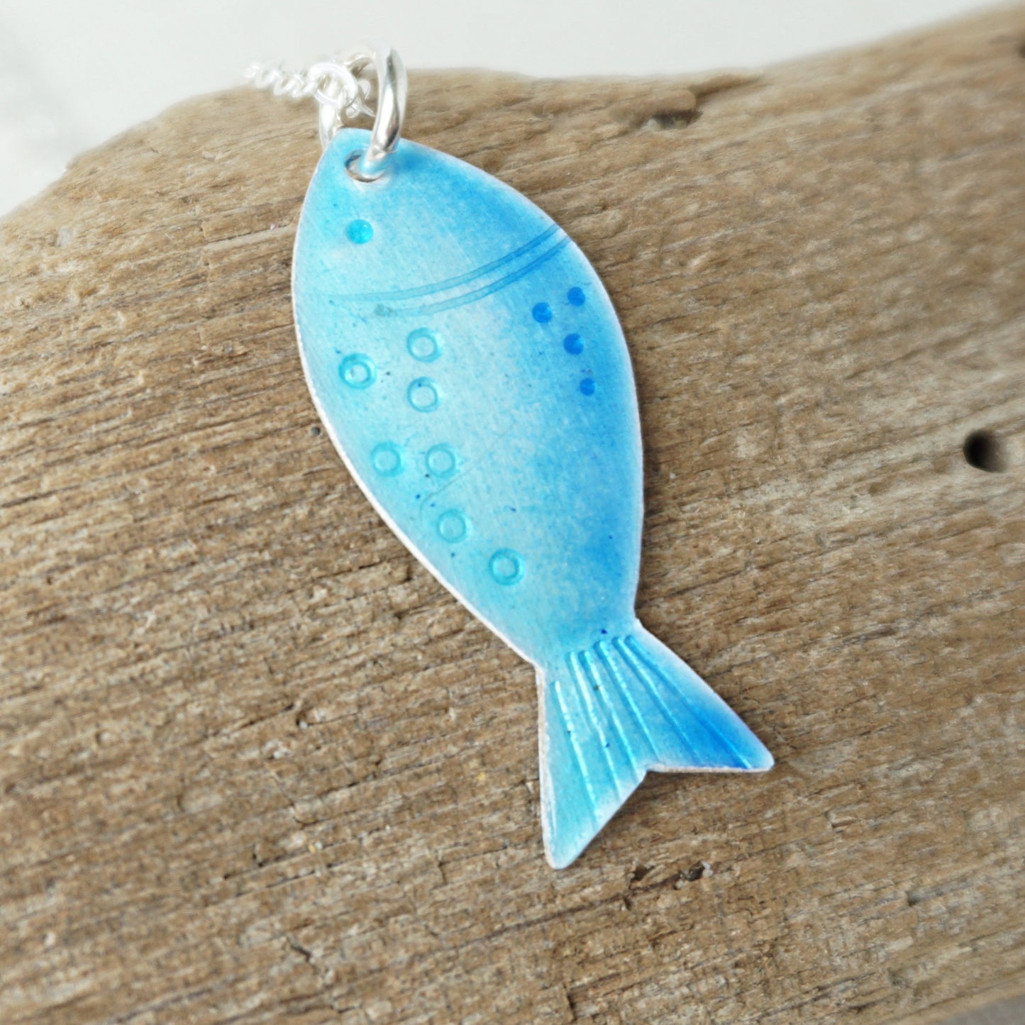 Aqua Blue and Cobalt Blue Enamel Fish Necklace