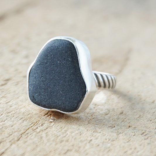 Size 7 Black Sea Glass Statement Ring