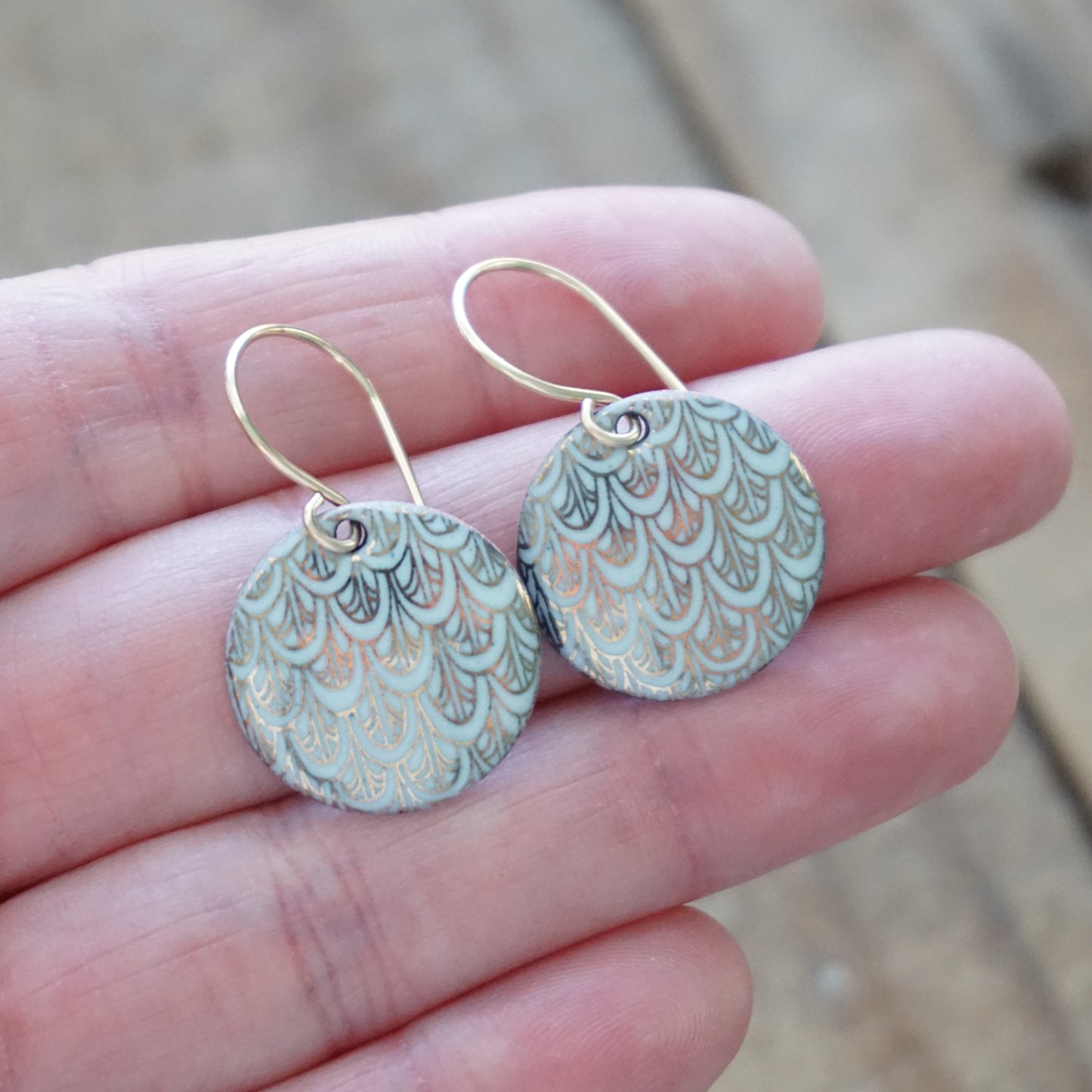 Gold Mermaid Scale Accents on Light Seafoam Green Enamel Earrings