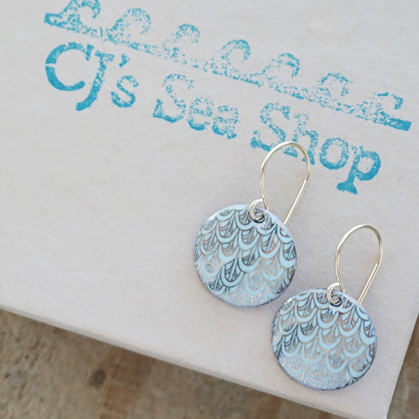 Gold Mermaid Scale Accents on Light Seafoam Green Enamel Earrings