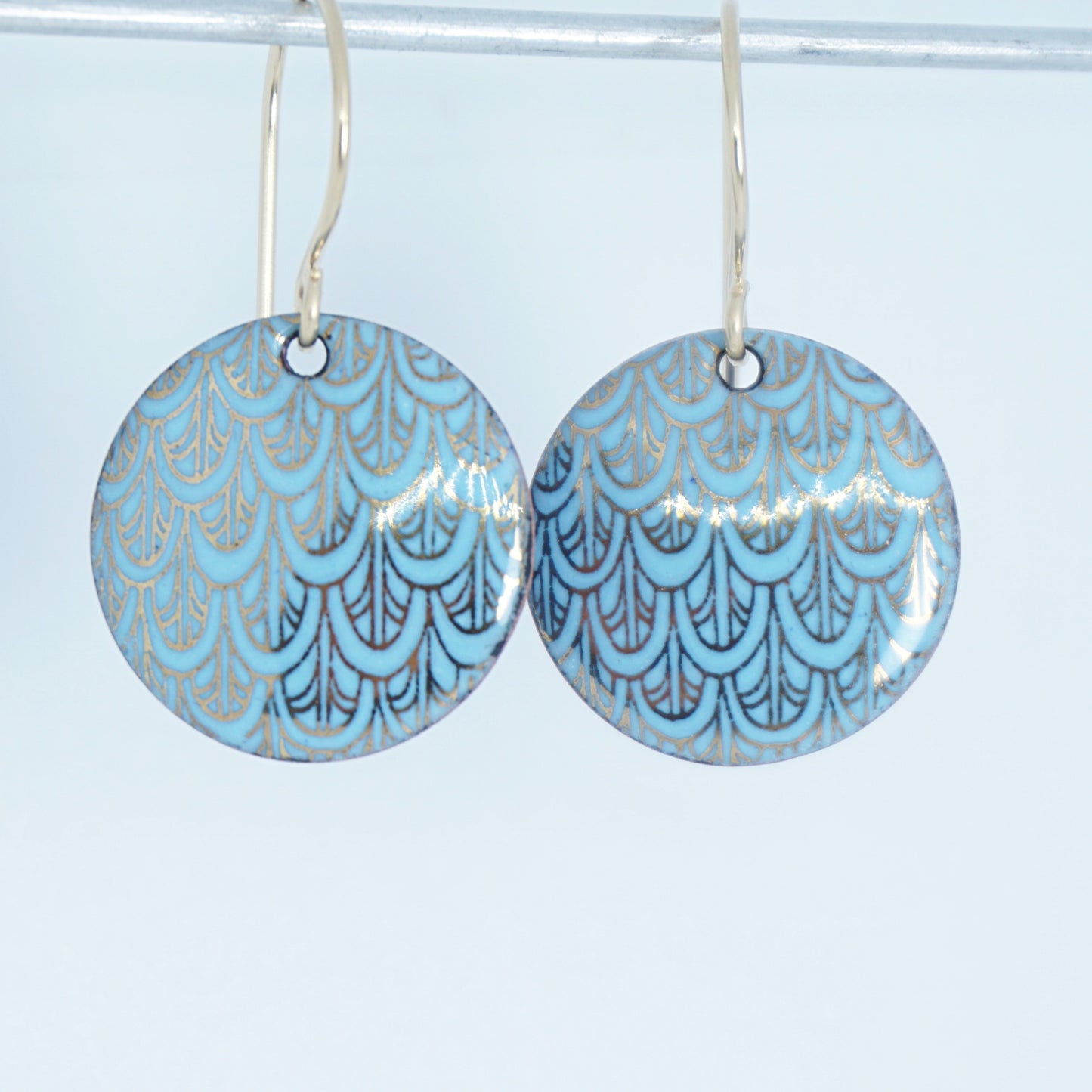 Gold Mermaid Scale Accents on Light Blue Enamel Earrings