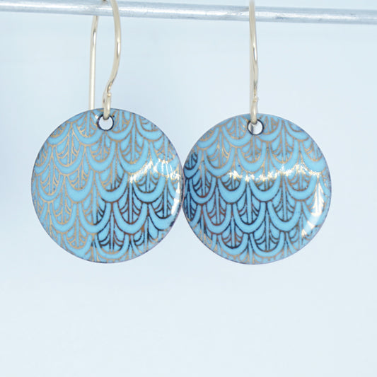 Gold Mermaid Scale Accents on Light Blue Enamel Earrings