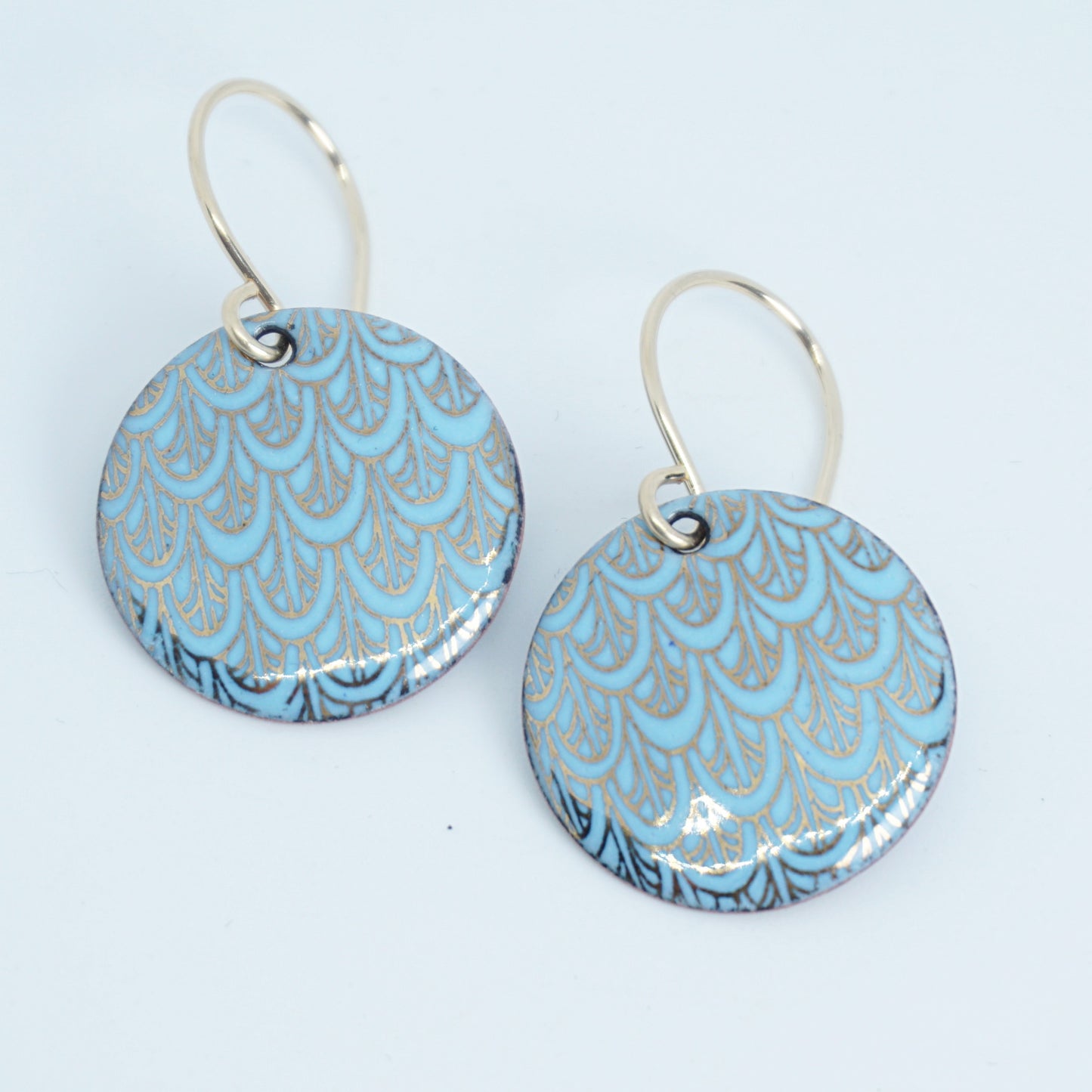 Gold Mermaid Scale Accents on Light Blue Enamel Earrings