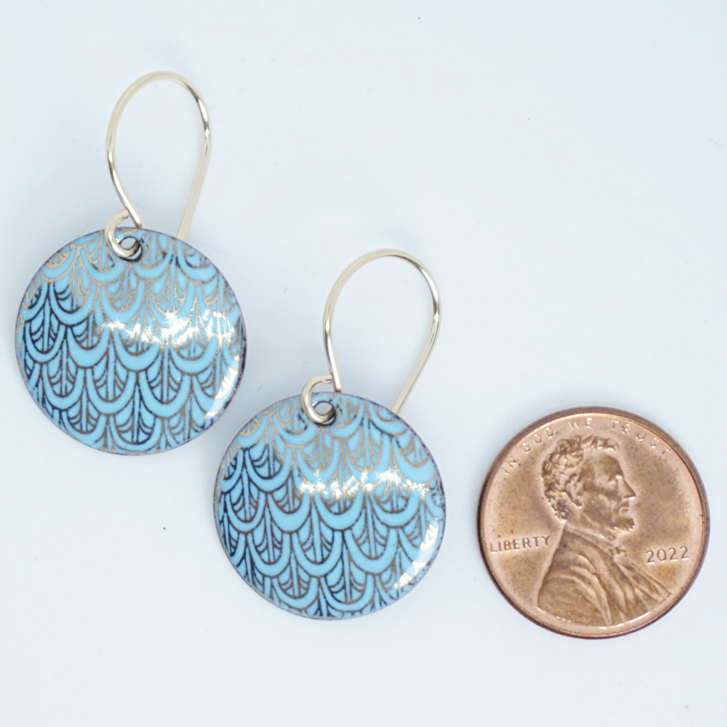 Gold Mermaid Scale Accents on Light Blue Enamel Earrings