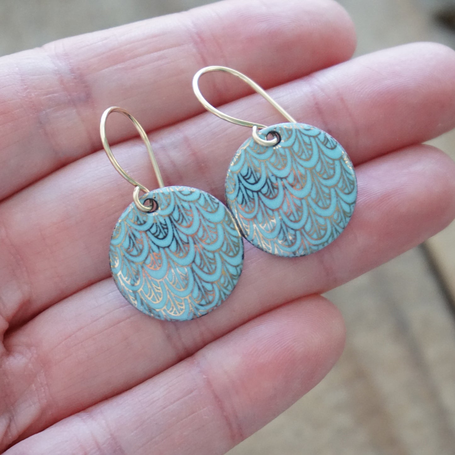 Gold Mermaid Scale Accents on Light Blue Enamel Earrings