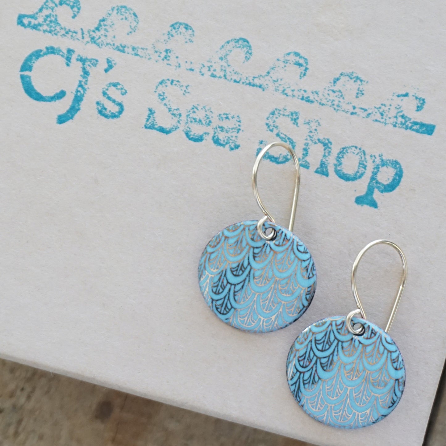 Gold Mermaid Scale Accents on Light Blue Enamel Earrings