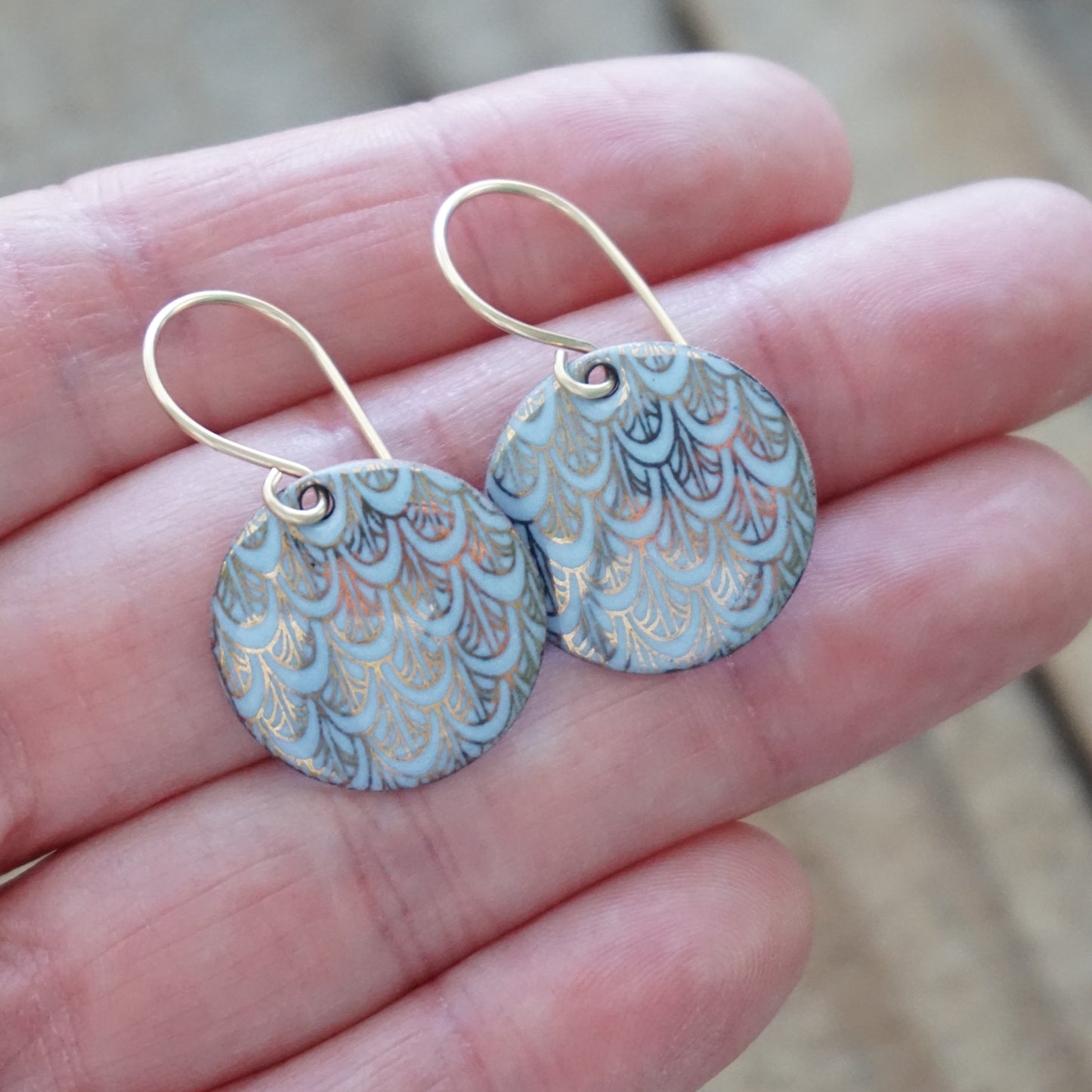 Gold Mermaid Scale Accents on Light Periwinkle Enamel Earrings