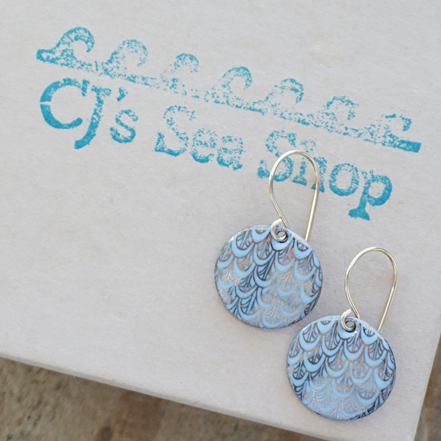 Gold Mermaid Scale Accents on Light Periwinkle Enamel Earrings