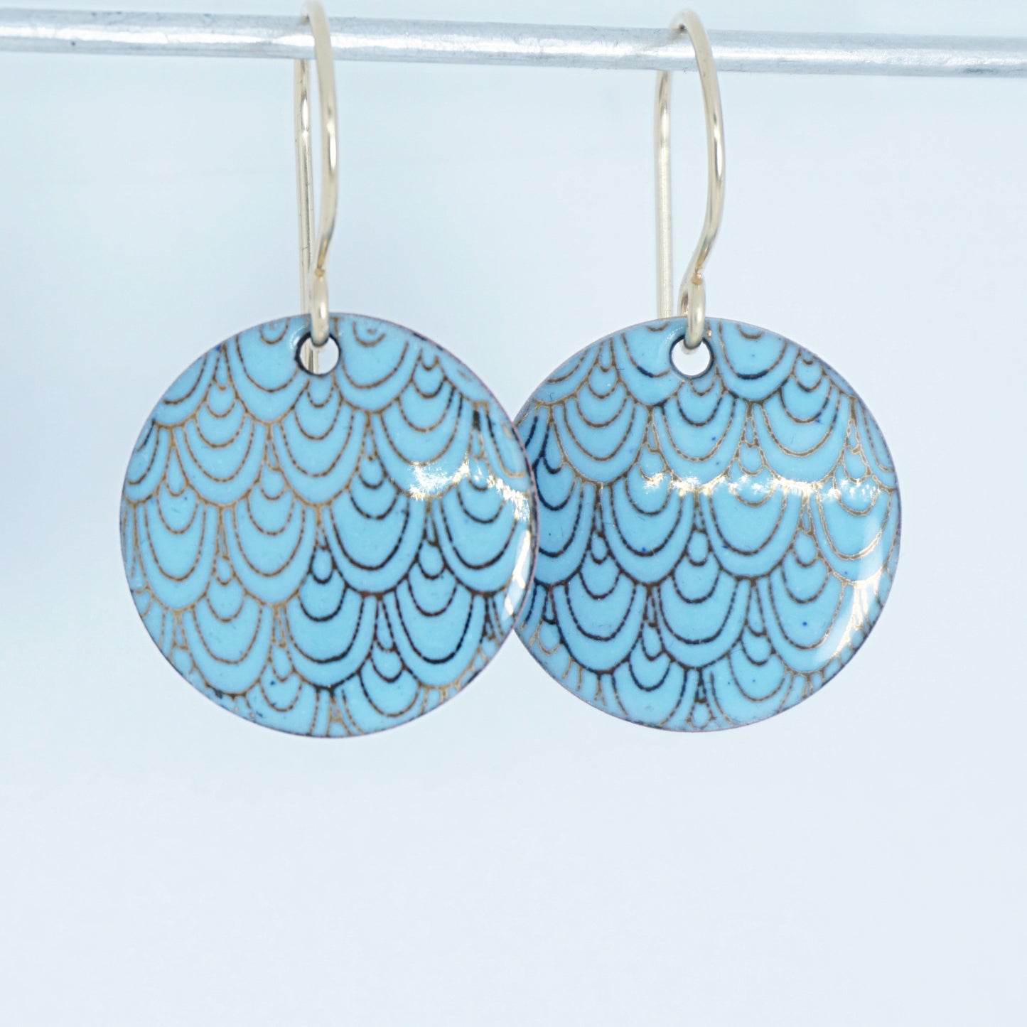 Gold Mermaid Scale Accents on Light Blue Enamel Earrings