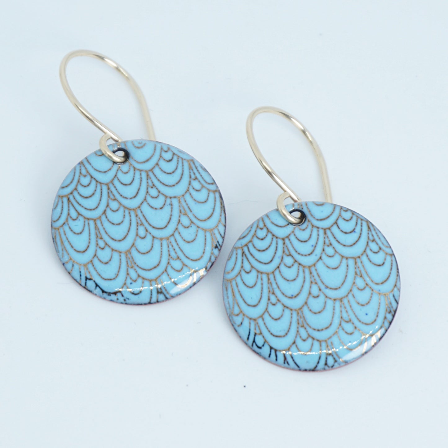 Gold Mermaid Scale Accents on Light Blue Enamel Earrings