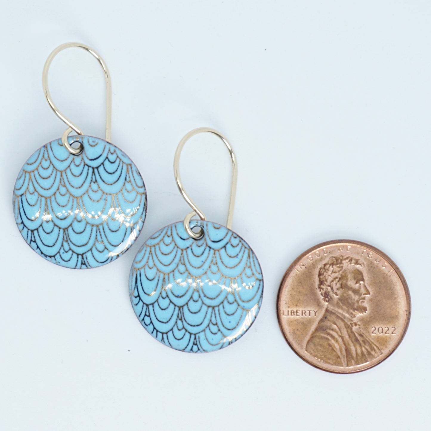Gold Mermaid Scale Accents on Light Blue Enamel Earrings