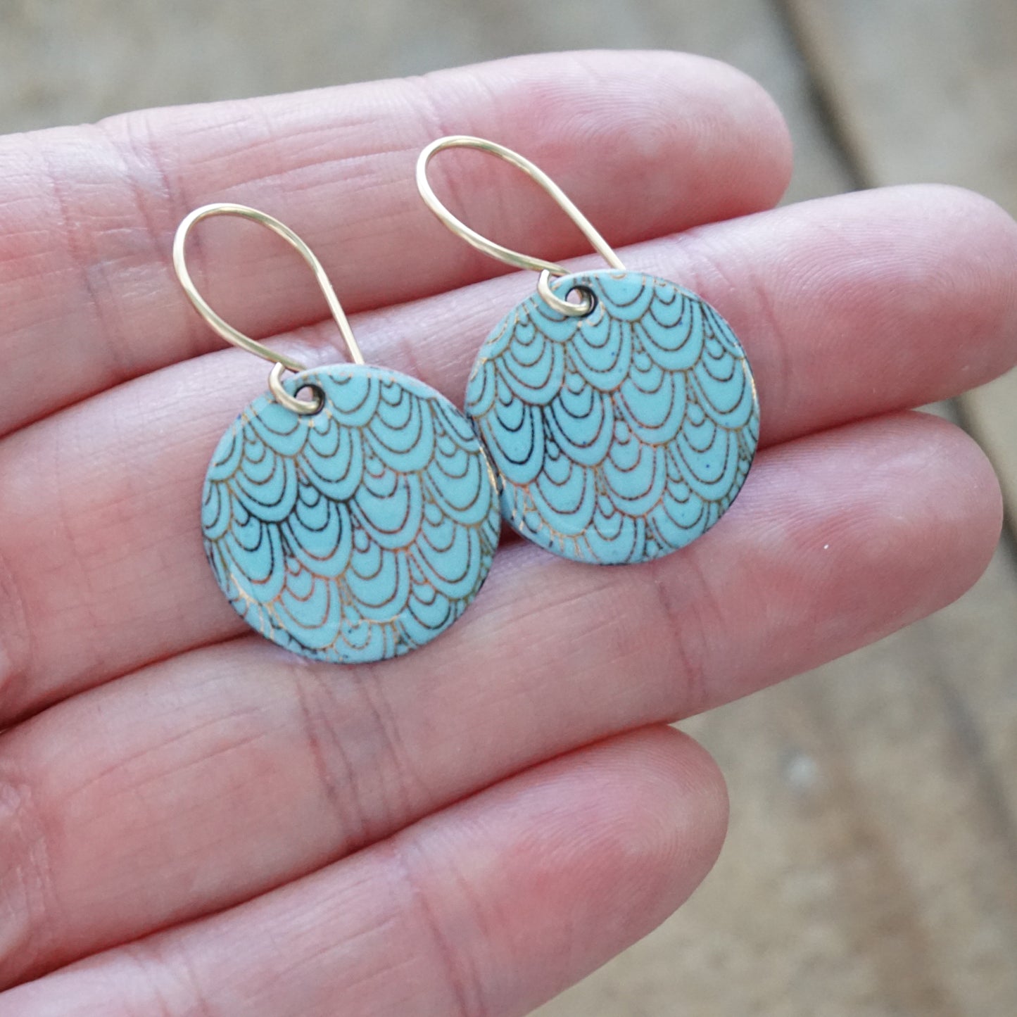 Gold Mermaid Scale Accents on Light Blue Enamel Earrings