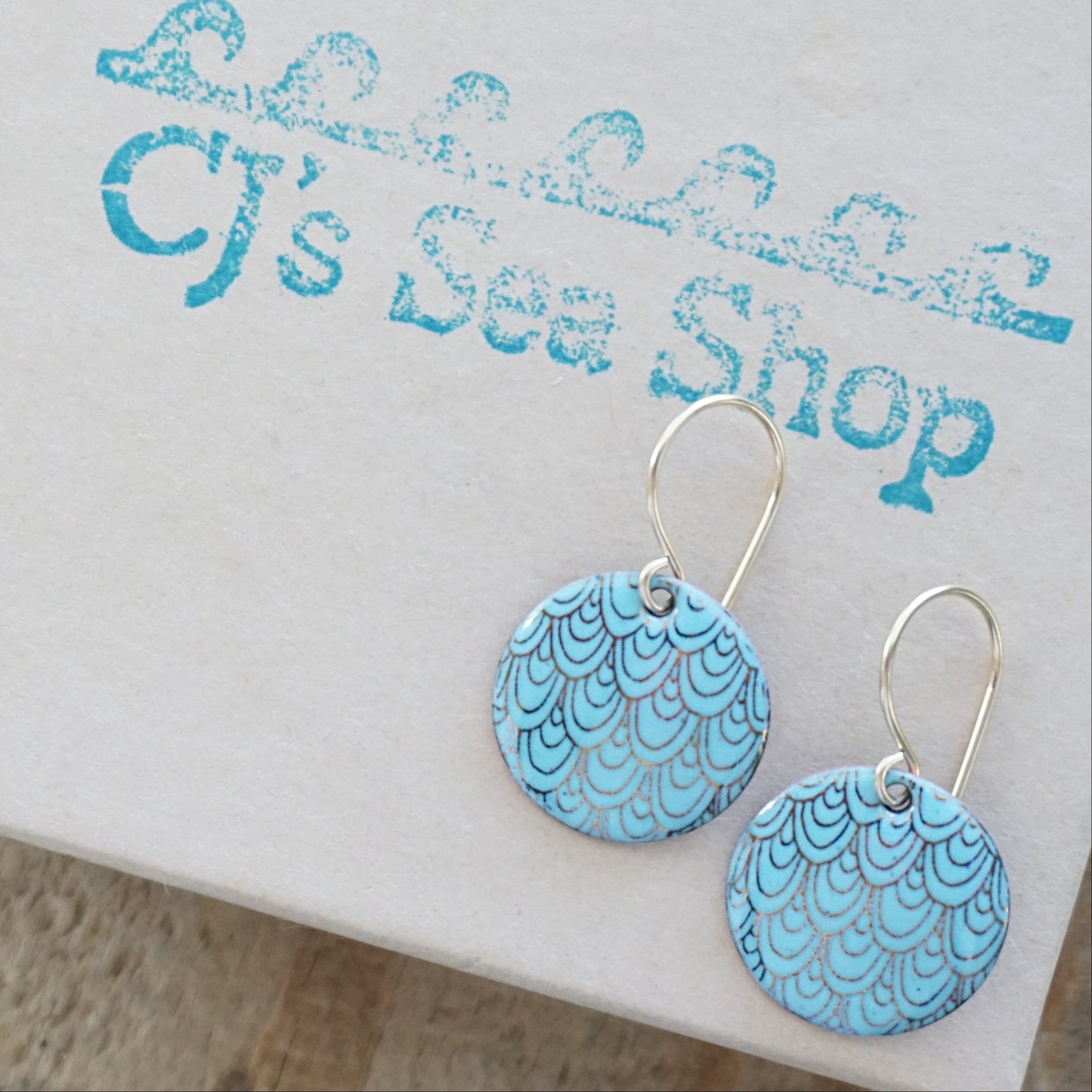 Gold Mermaid Scale Accents on Light Blue Enamel Earrings