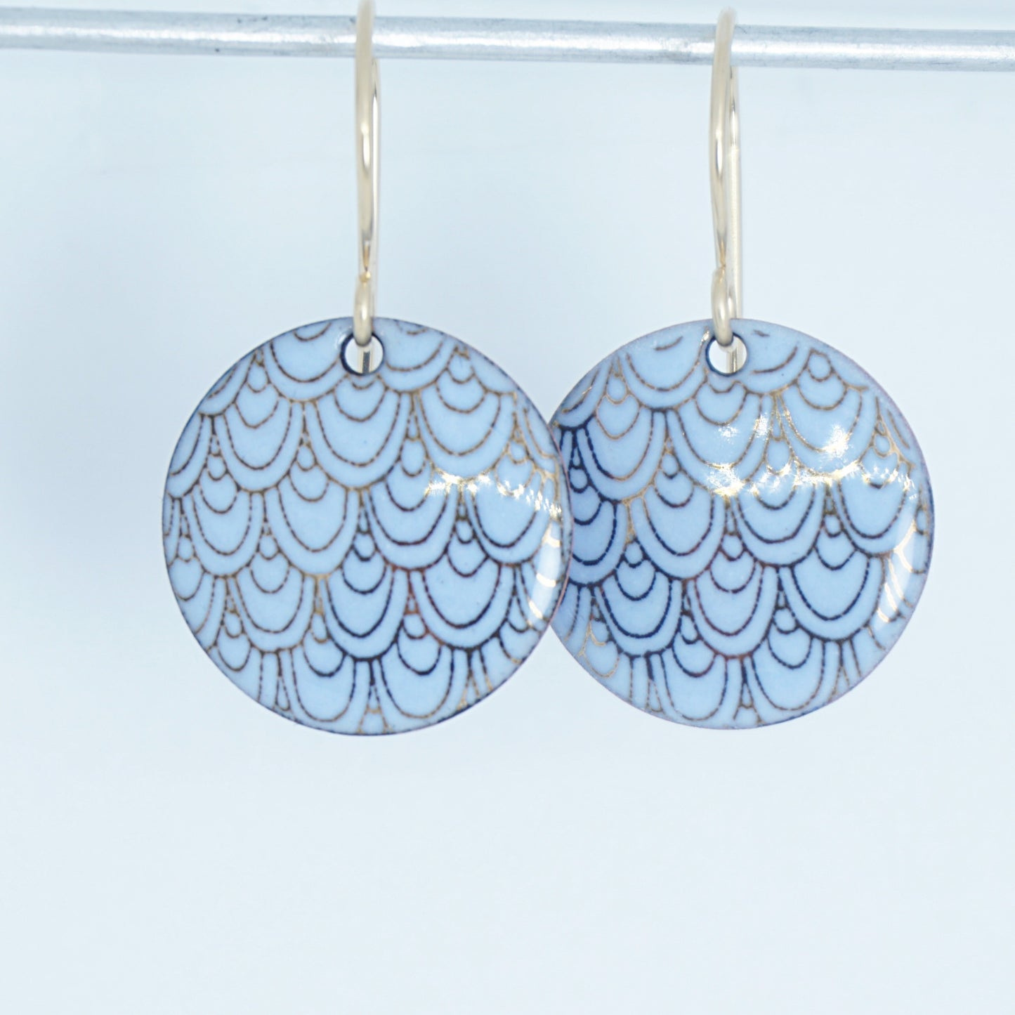 Gold Mermaid Scale Accents on Light Blue Enamel Earrings