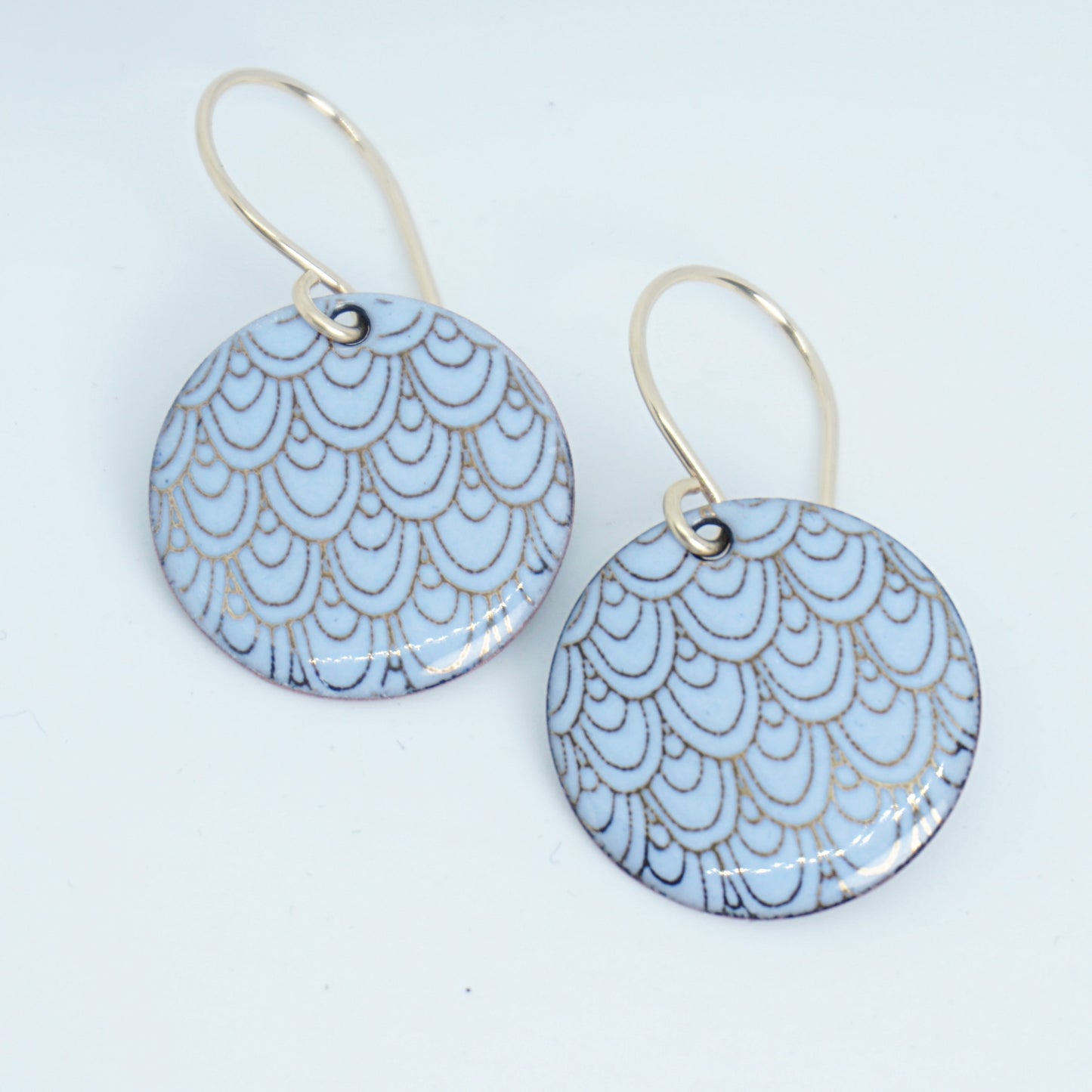 Gold Mermaid Scale Accents on Light Blue Enamel Earrings