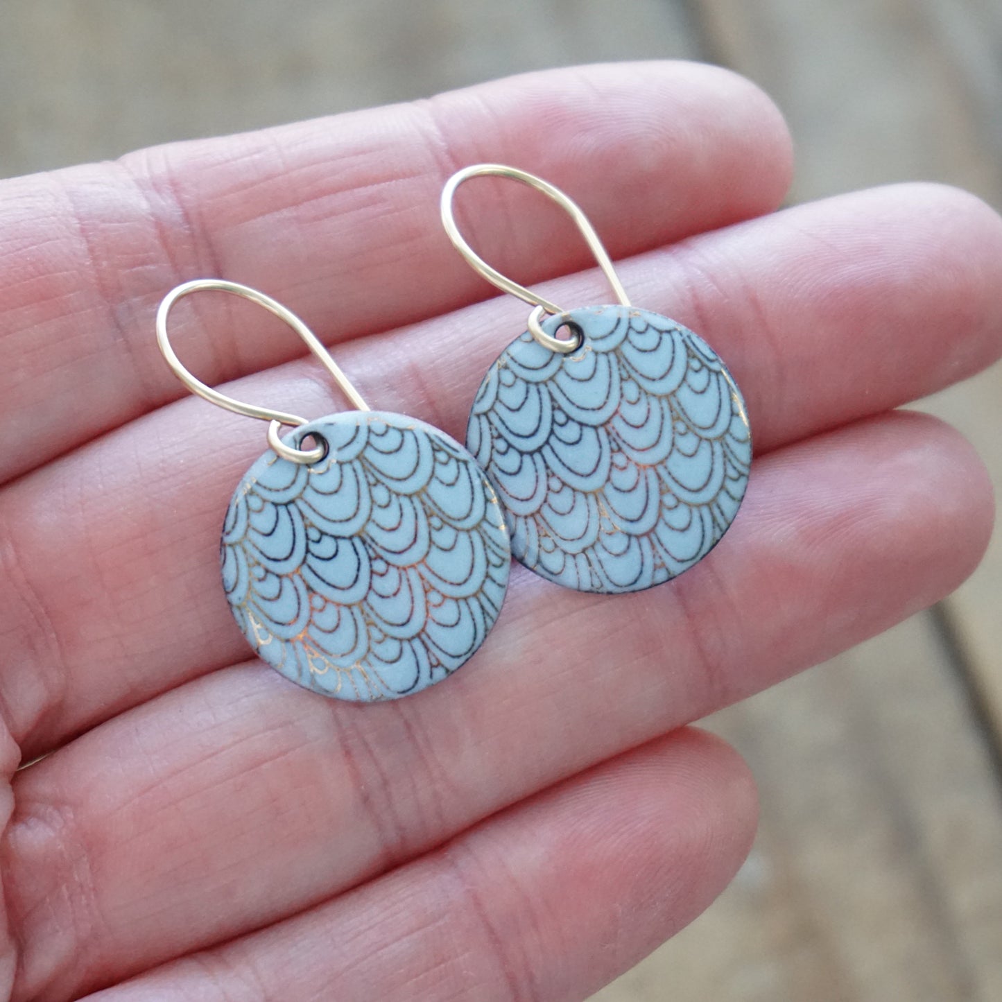 Gold Mermaid Scale Accents on Light Blue Enamel Earrings