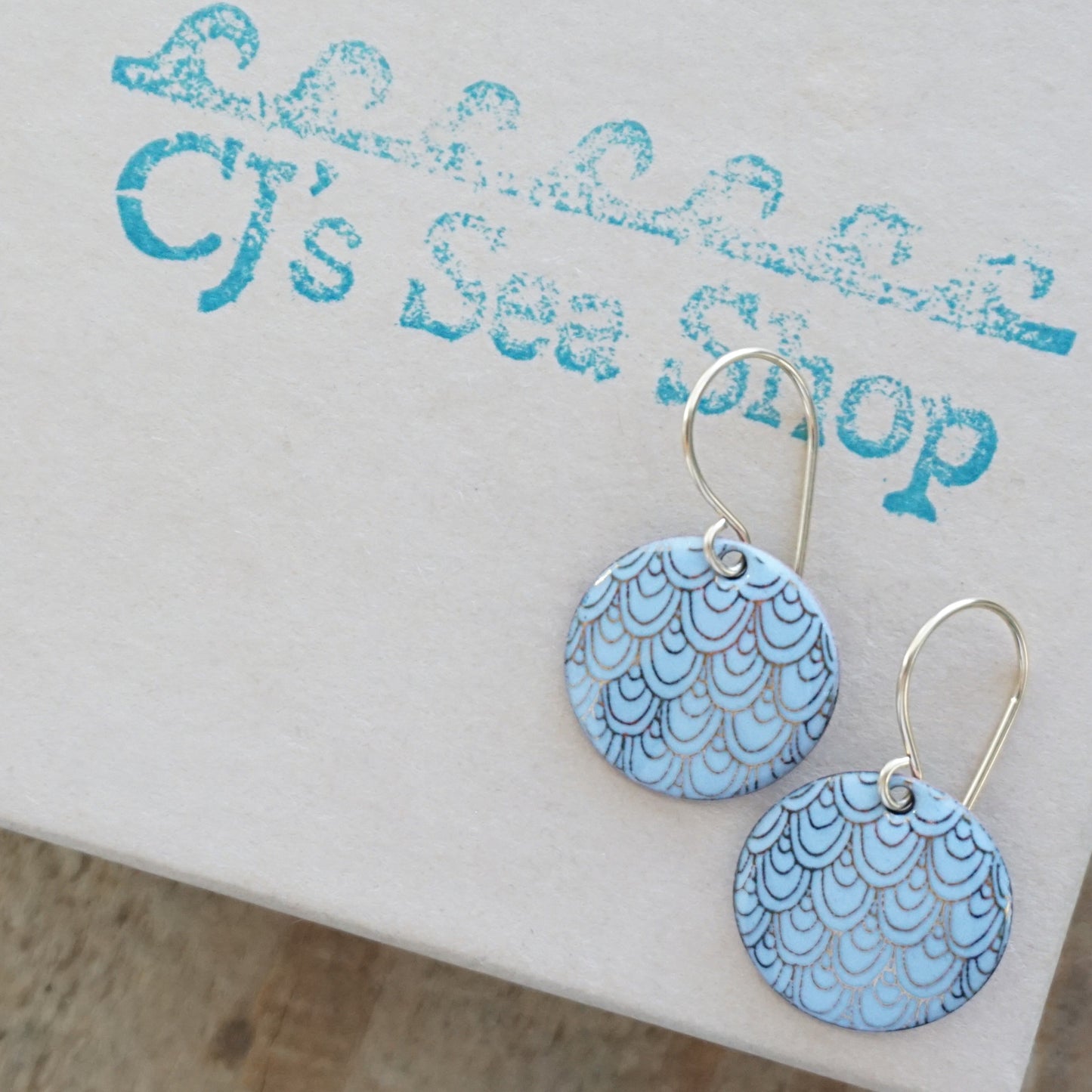 Gold Mermaid Scale Accents on Light Blue Enamel Earrings
