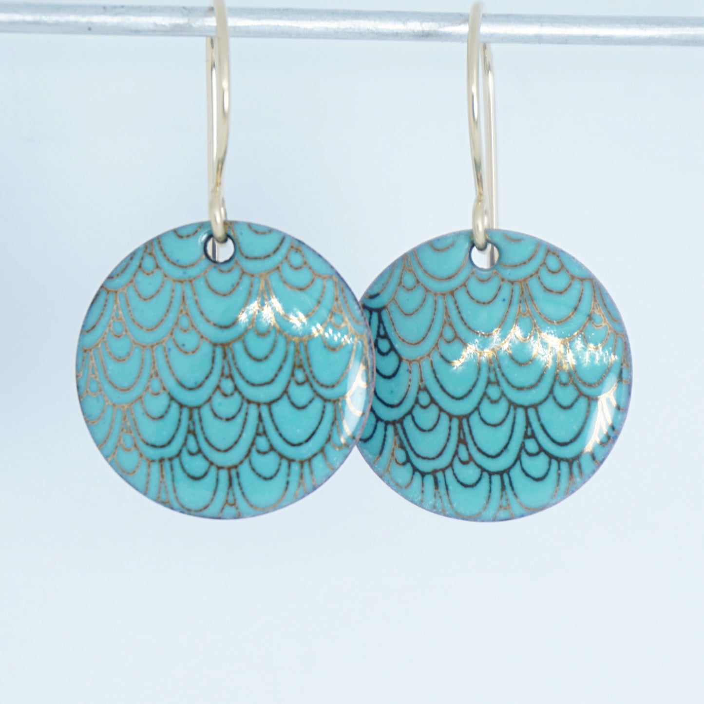 Gold Mermaid Scale Accents on Mint Green Enamel Earrings