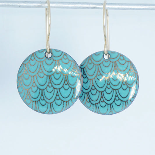 Gold Mermaid Scale Accents on Mint Green Enamel Earrings