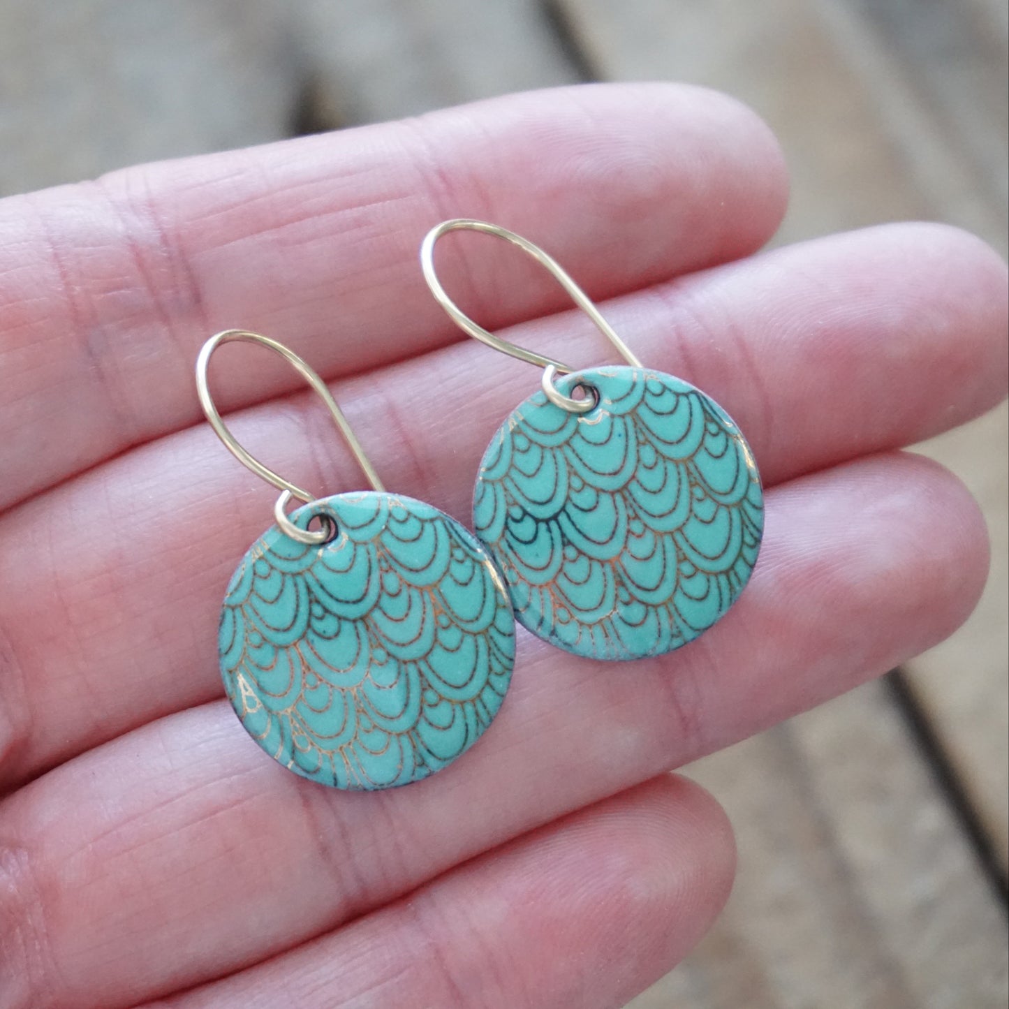 Gold Mermaid Scale Accents on Mint Green Enamel Earrings