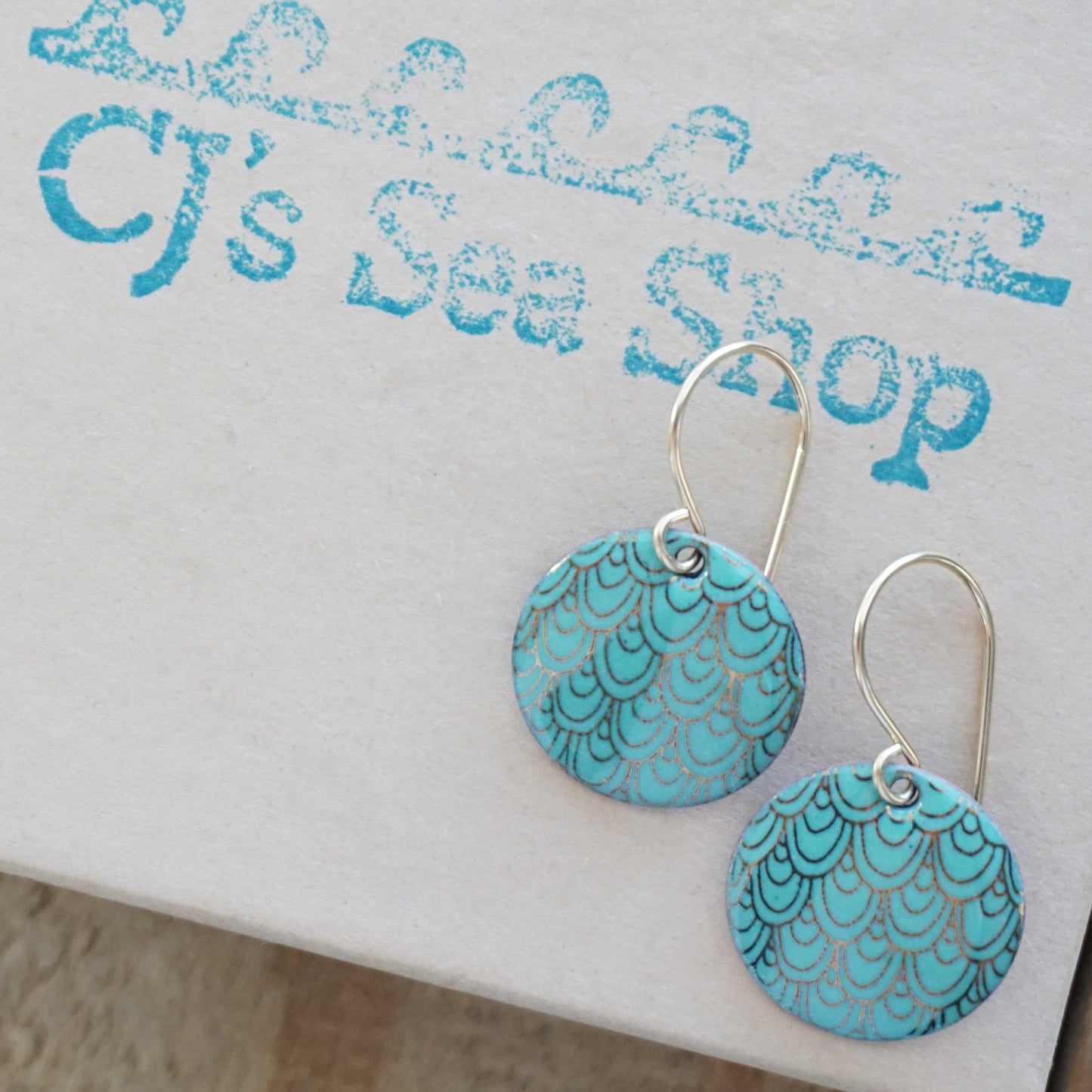 Gold Mermaid Scale Accents on Mint Green Enamel Earrings