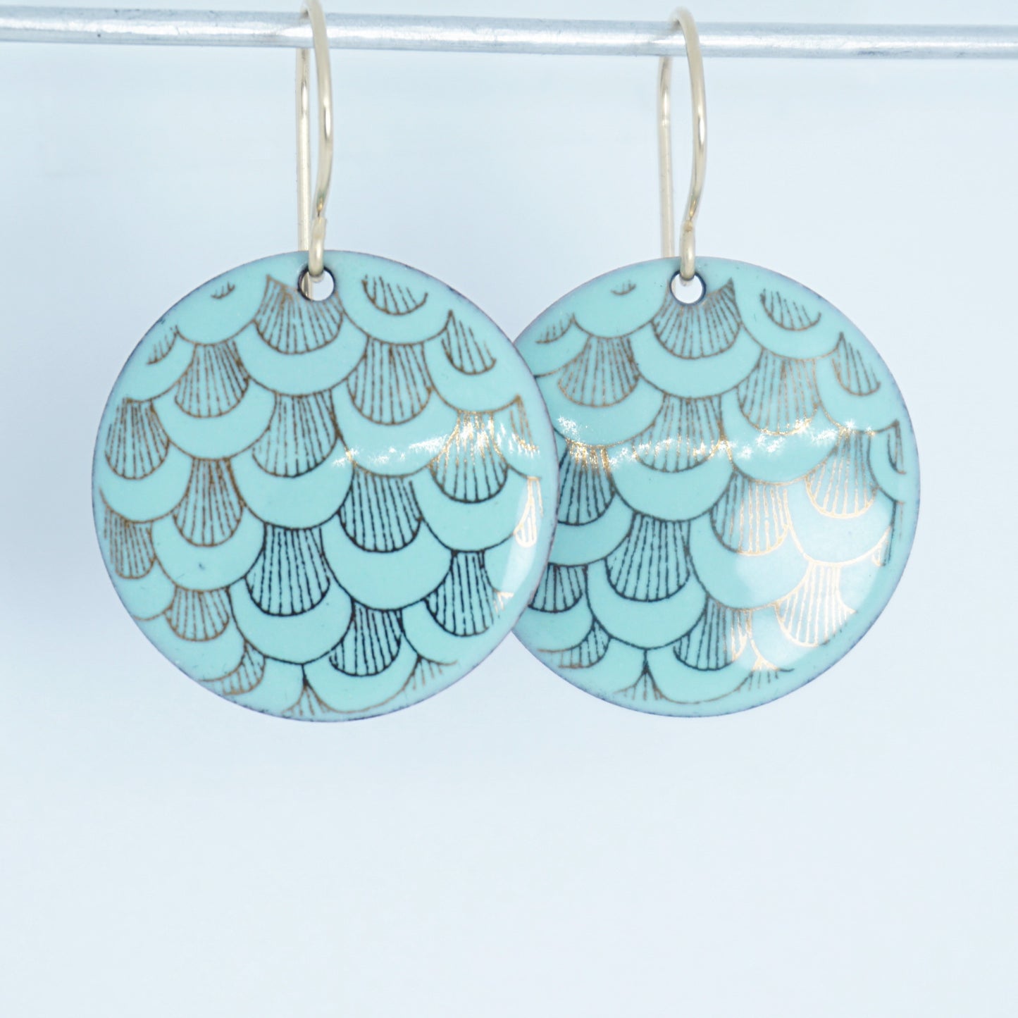 Gold Mermaid Accents on Seafoam Green Enamel Disc Earrings