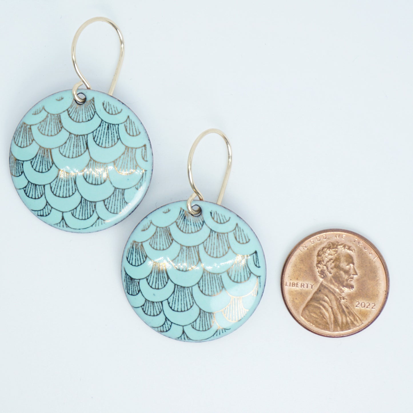 Gold Mermaid Accents on Seafoam Green Enamel Disc Earrings