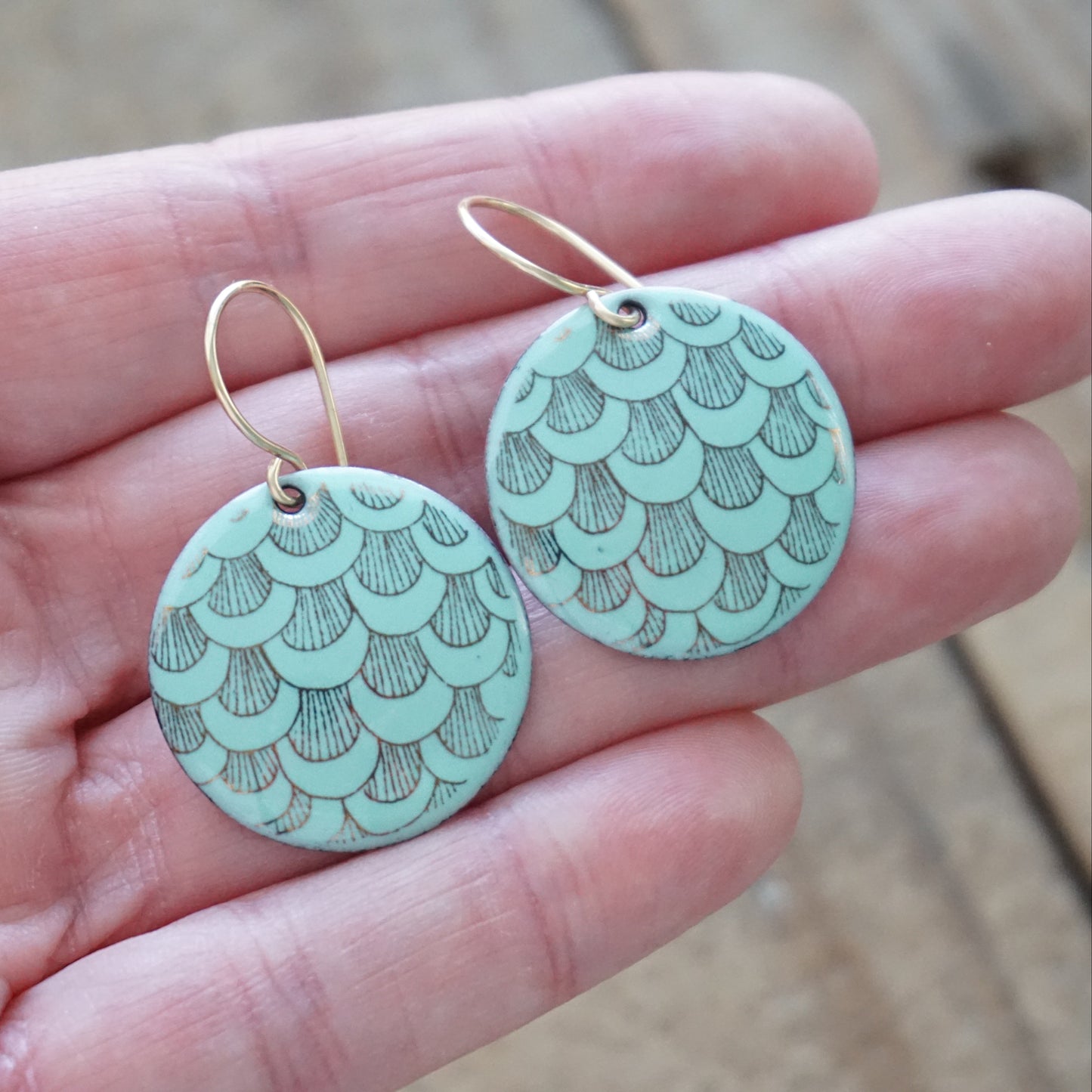 Gold Mermaid Accents on Seafoam Green Enamel Disc Earrings