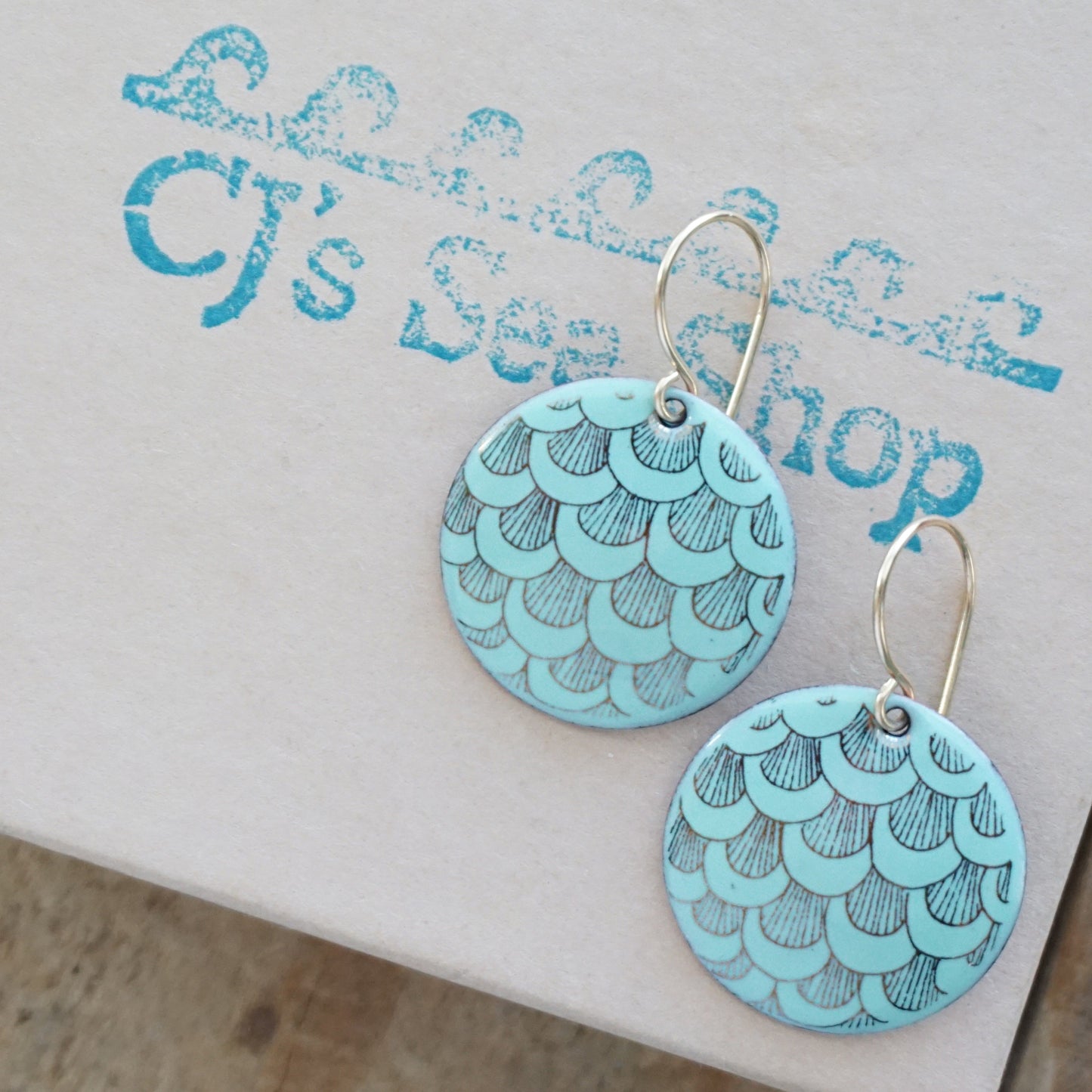 Gold Mermaid Accents on Seafoam Green Enamel Disc Earrings
