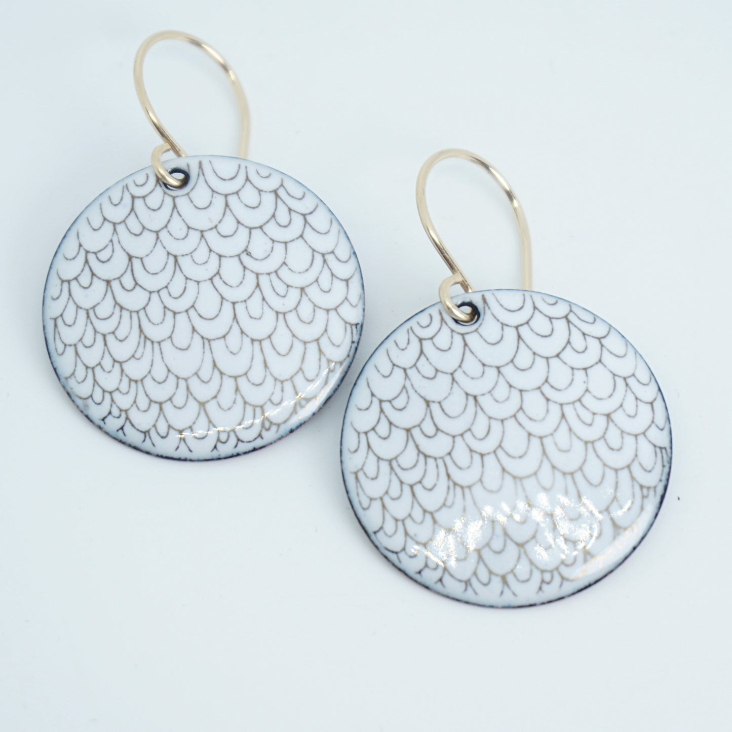 Gold Mermaid Accents on White Enamel Disc Earrings