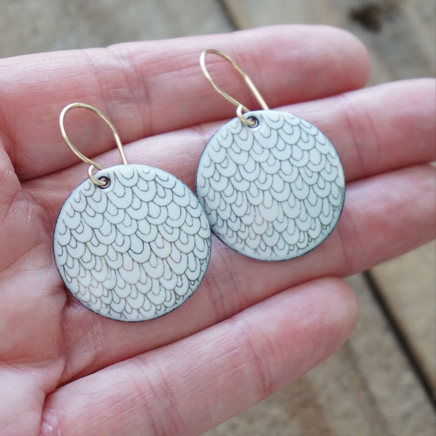 Gold Mermaid Accents on White Enamel Disc Earrings
