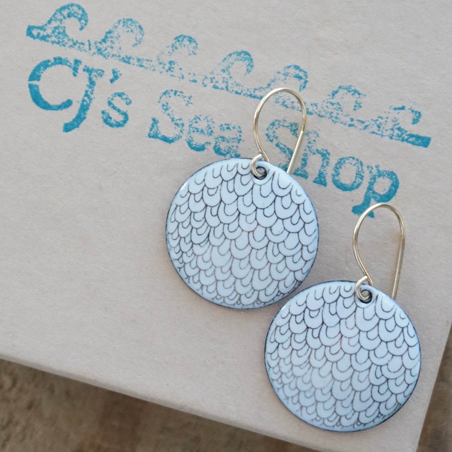 Gold Mermaid Accents on White Enamel Disc Earrings