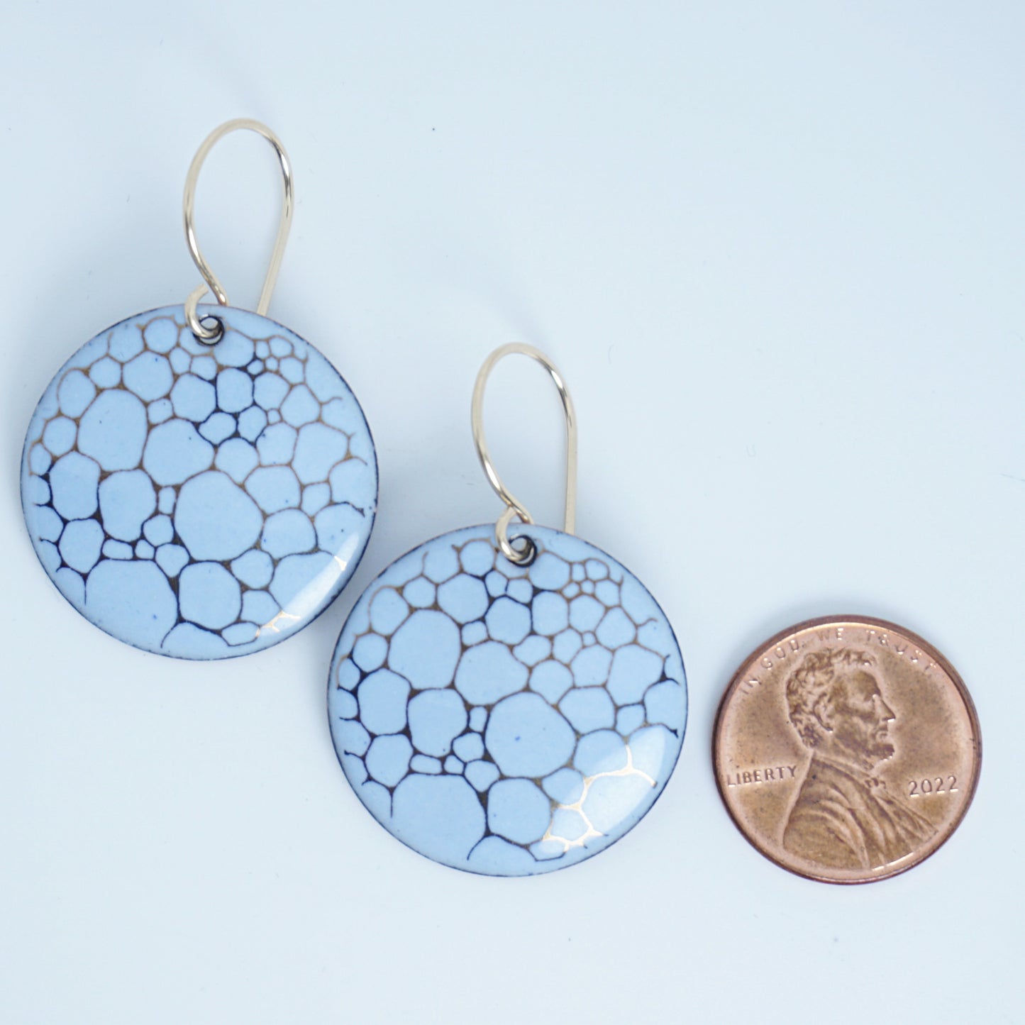 Gold Bubble Accents on Light Periwinkle Enamel Disc Earrings