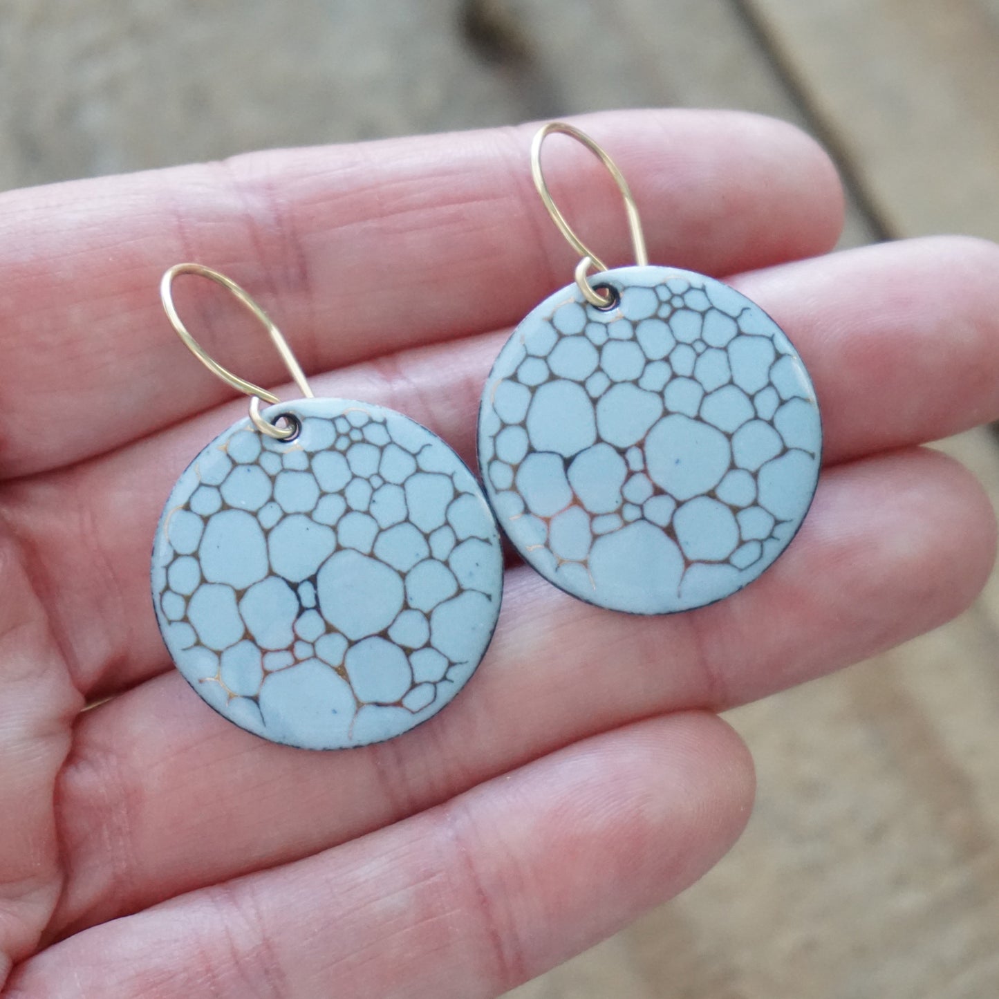 Gold Bubble Accents on Light Periwinkle Enamel Disc Earrings
