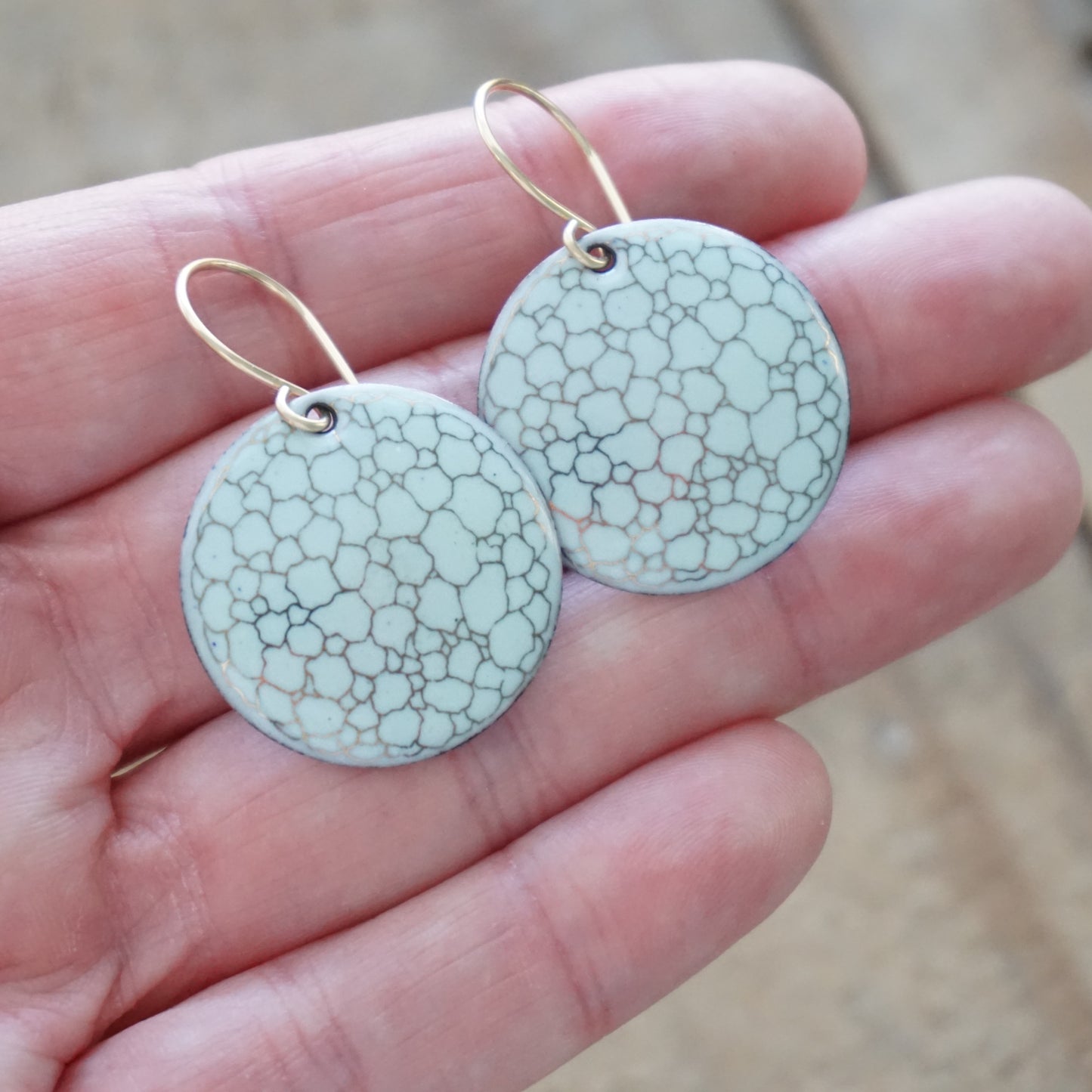 Gold Bubble Accents on Light Seafoam Green Enamel Disc Earrings