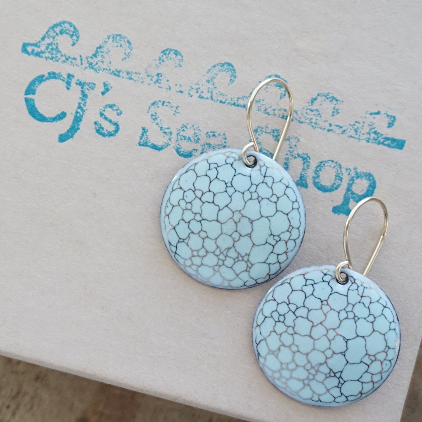 Gold Bubble Accents on Light Seafoam Green Enamel Disc Earrings