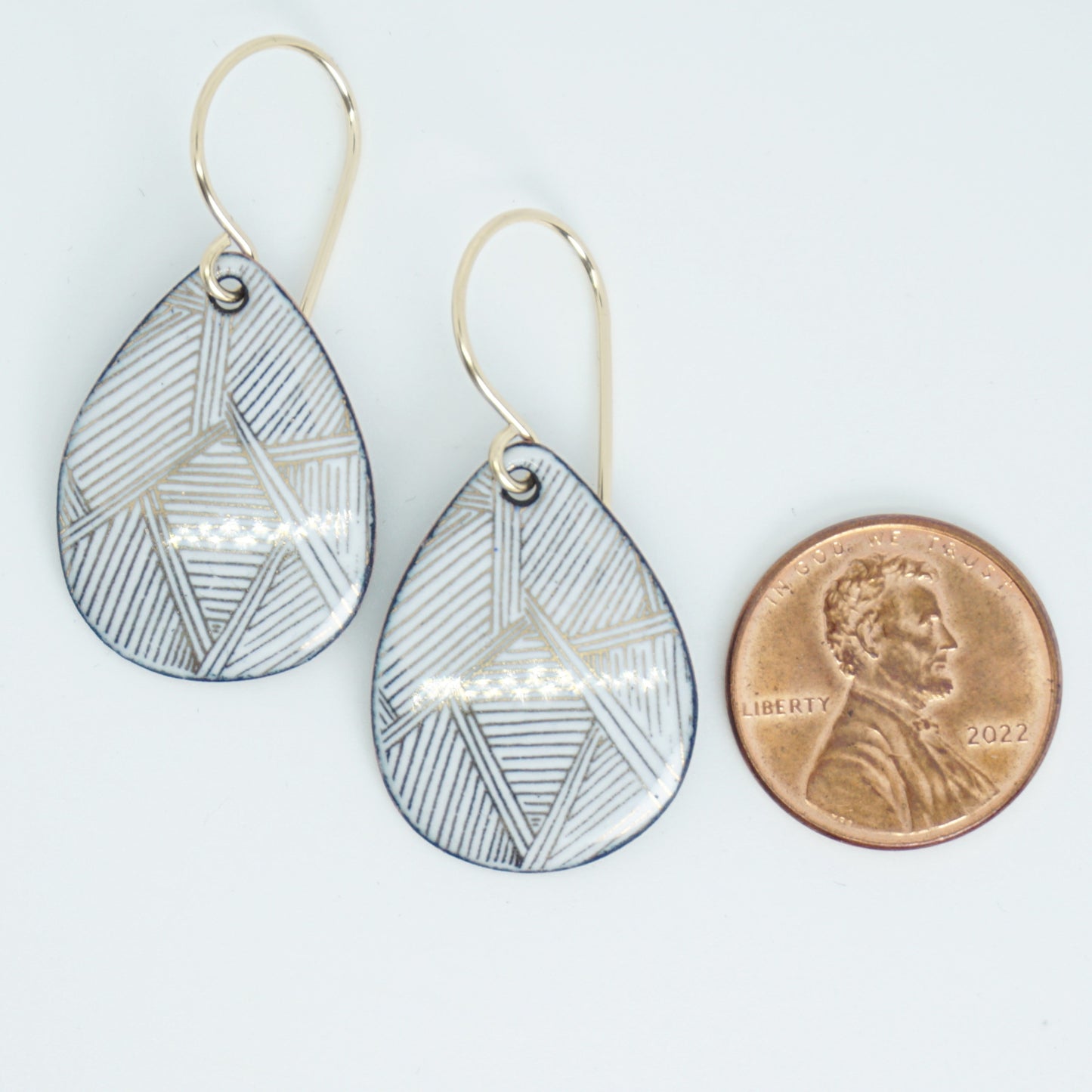 Gold Accents on White Enamel Teardrop Earrings
