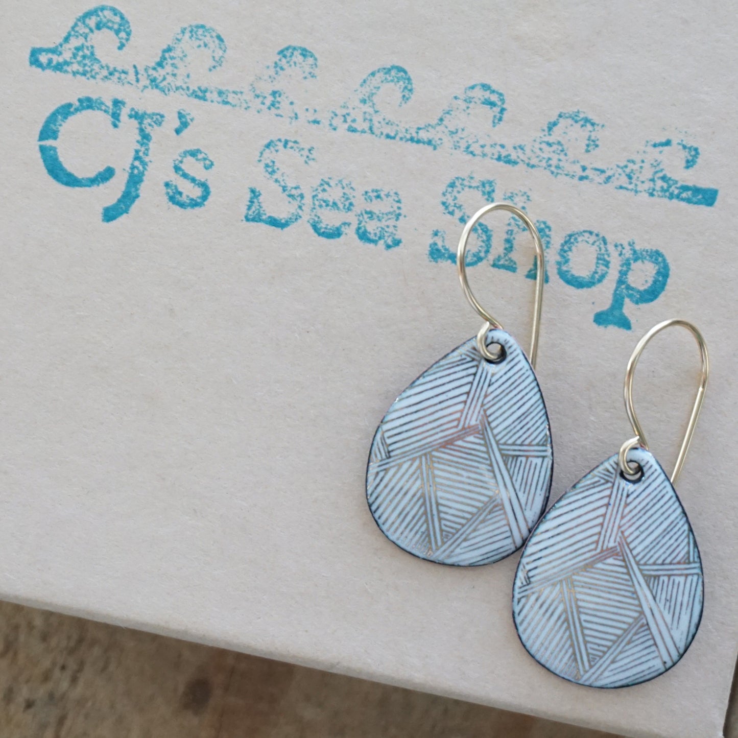 Gold Accents on White Enamel Teardrop Earrings