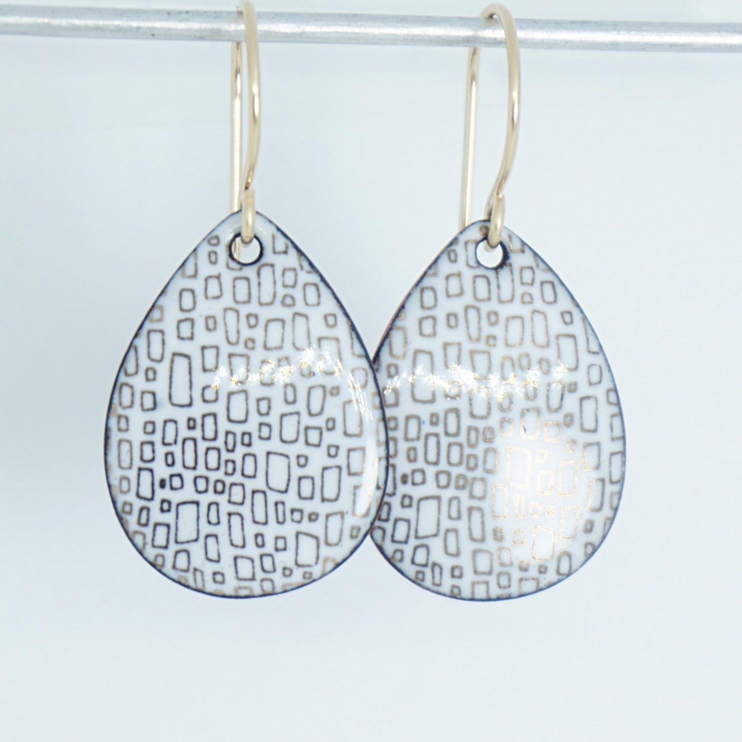 Gold Rectangles on White Enamel Teardrop Earrings