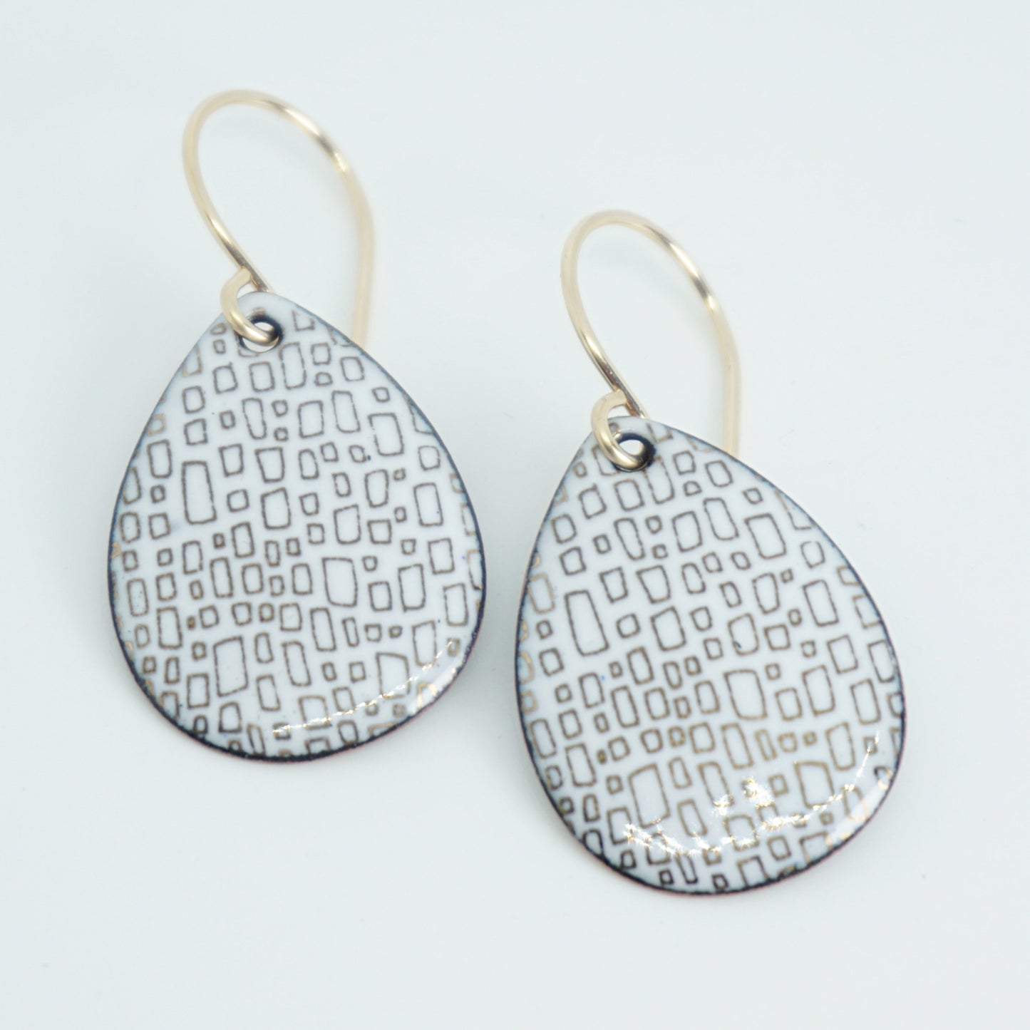 Gold Rectangles on White Enamel Teardrop Earrings