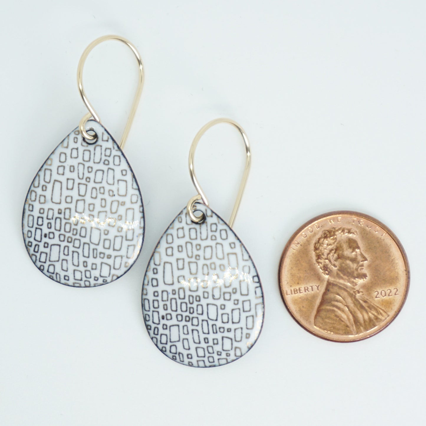Gold Rectangles on White Enamel Teardrop Earrings