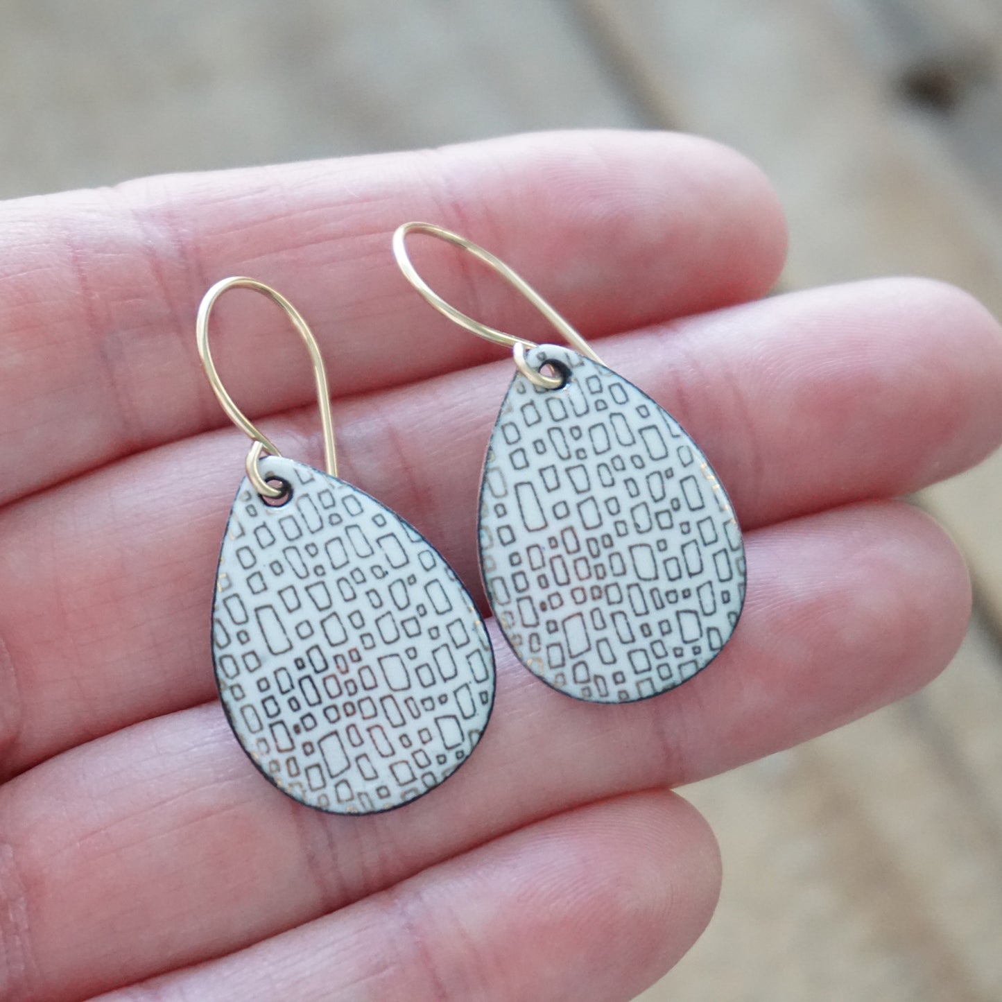 Gold Rectangles on White Enamel Teardrop Earrings