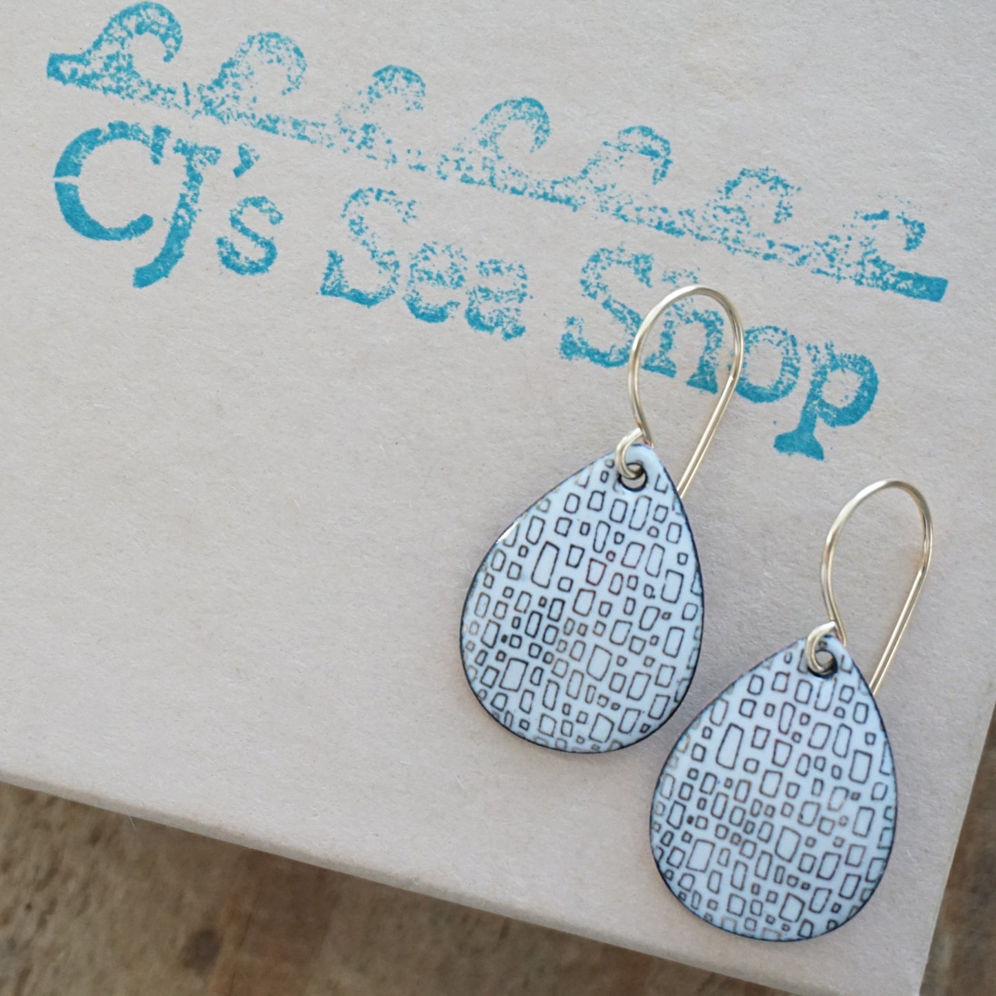 Gold Rectangles on White Enamel Teardrop Earrings